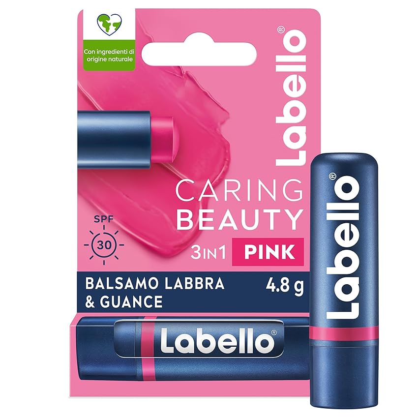Labello Caring Beauty Lip & Cheek Pink 4.8 g, Burrocacao labbra e guance con una nota di colore rosa, Balsamo labbra colorato e blush stick 2 in 1, Lip balm idratante con protezione SPF 30