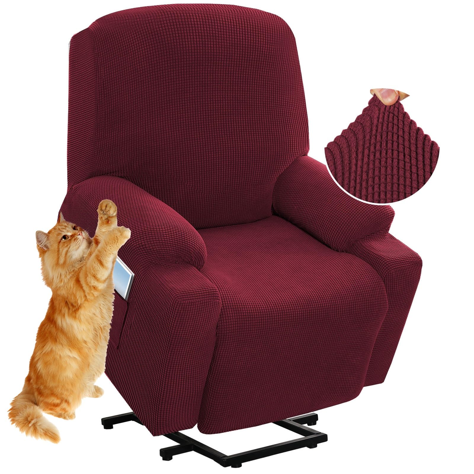 Copripoltrona Relax Reclinabile Universale, Copertura per Poltrona Elettrica Reclinabile per Poltrona Elasticizzato 1 Posto con Tasche, Coprisedile Poltrona Velluto Lavabile Antiscivolo ( Color : Red