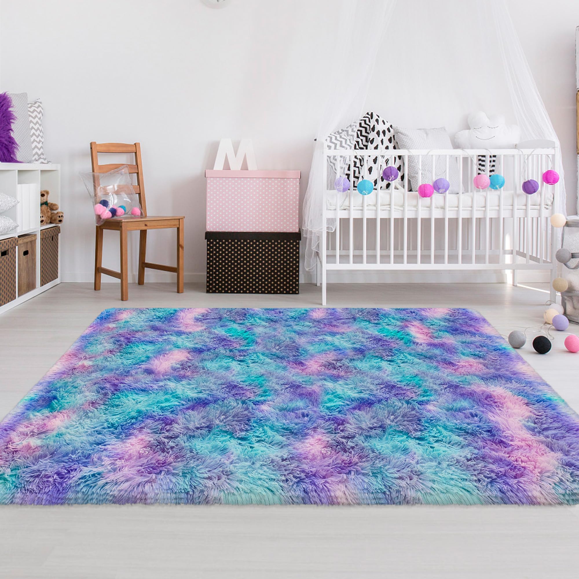 Moquette douce à poils longs pour chambre de filles, tapis pelucheux et coloré pour chambre de filles, tapis de jeu à poils longs pour chambre d'enfant, de bébés et de filles, 1,2 x 1,8 m,