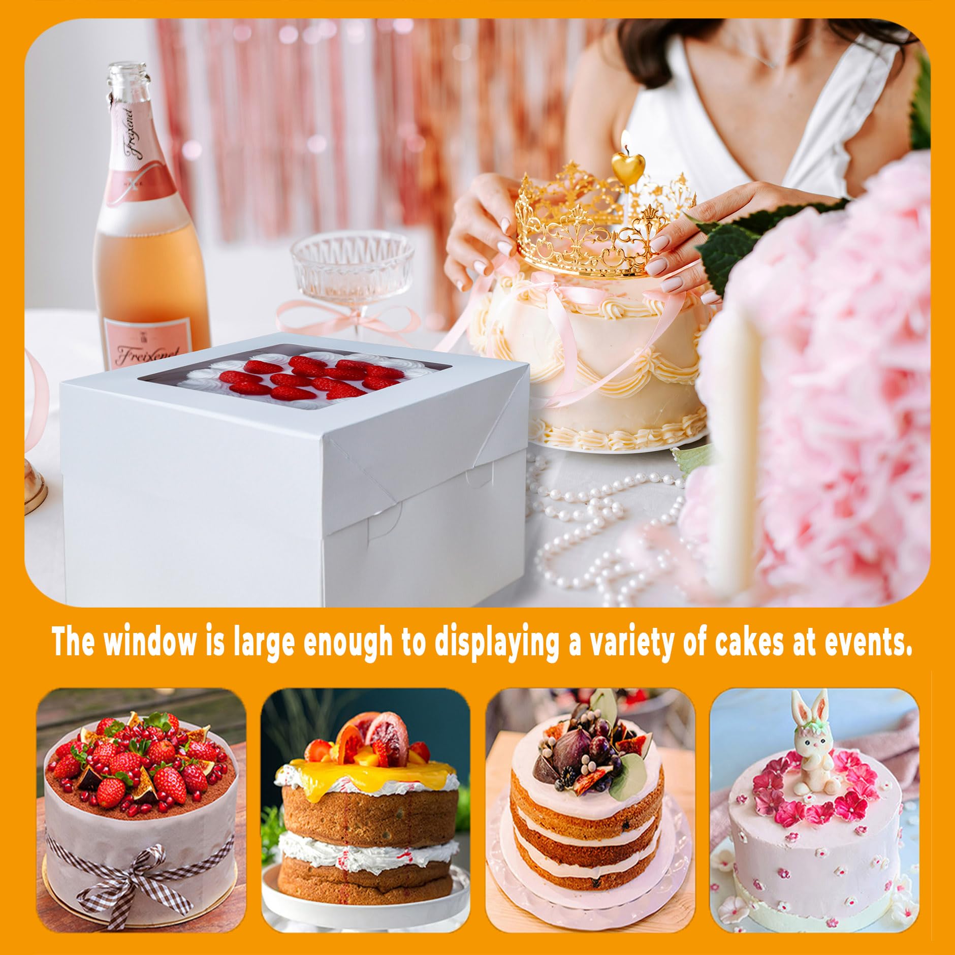 Cajas para tartas de 10 x 10 x 10 pulgadas con tablas para tartas, paquete de 10 cajas altas de alta calidad con ventana de exhibición, contenedor desechable para tartas para Navidad
