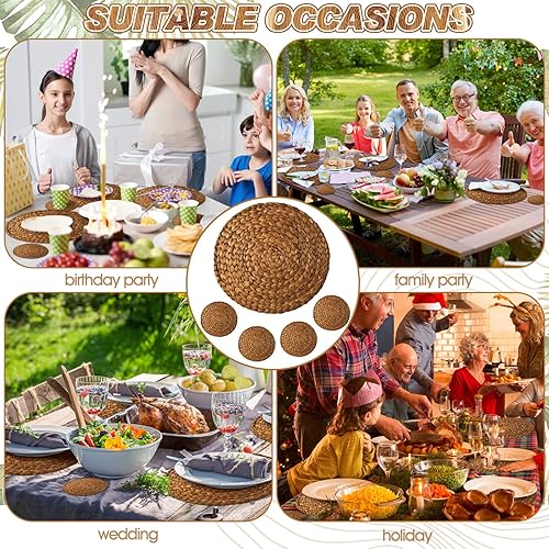 Miniatura 6 de Juego de 200 manteles individuales y posavasos desechables de papel trenzado con patrón de ratán, manteles individuales redondos de papel de