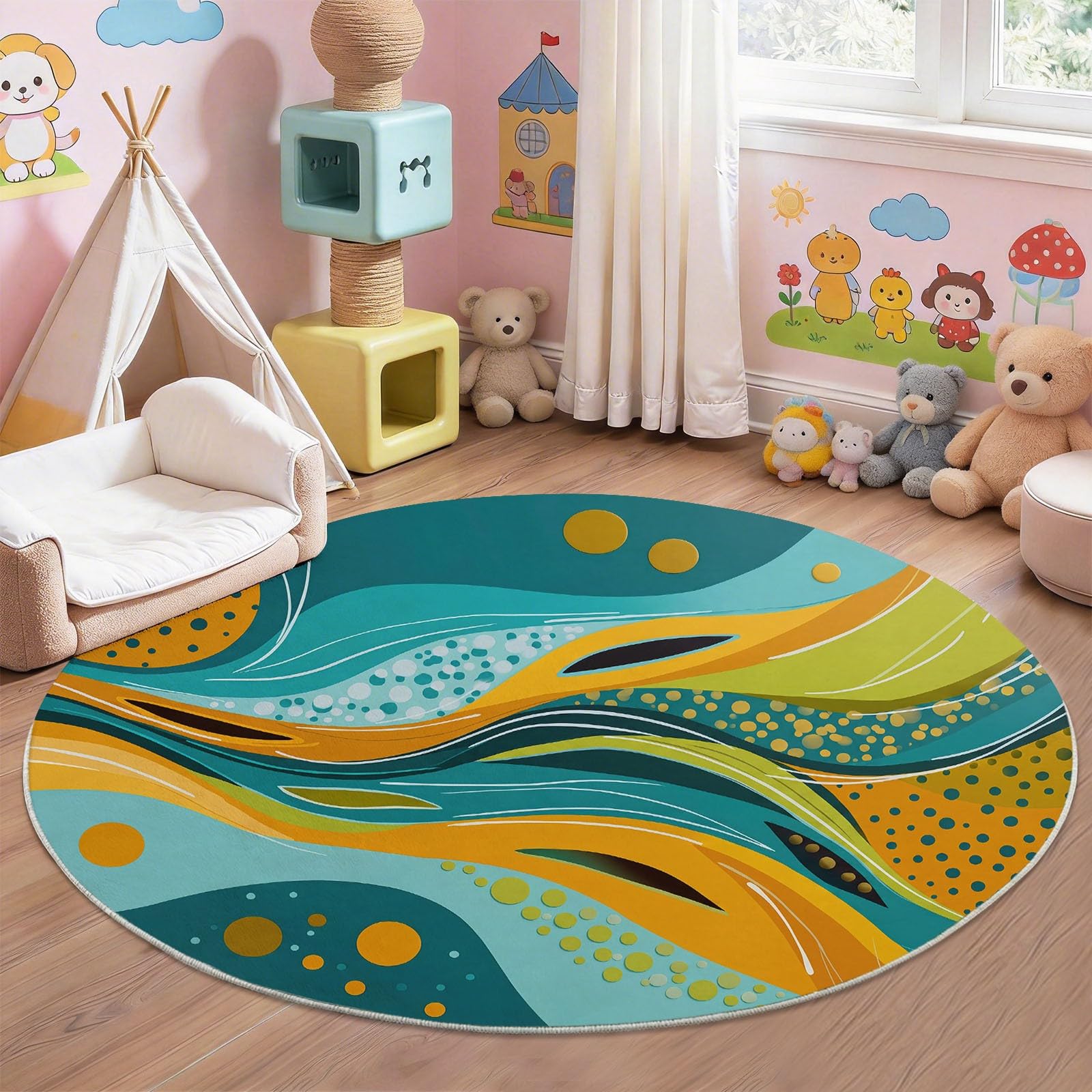 Tappeto rotondo con onde astratte e curve, per interni, 120 cm, arte moderna, a pelo basso, lavabile, rotondo, antiscivolo, per camera da letto, ragazzi, ragazze, multicolore