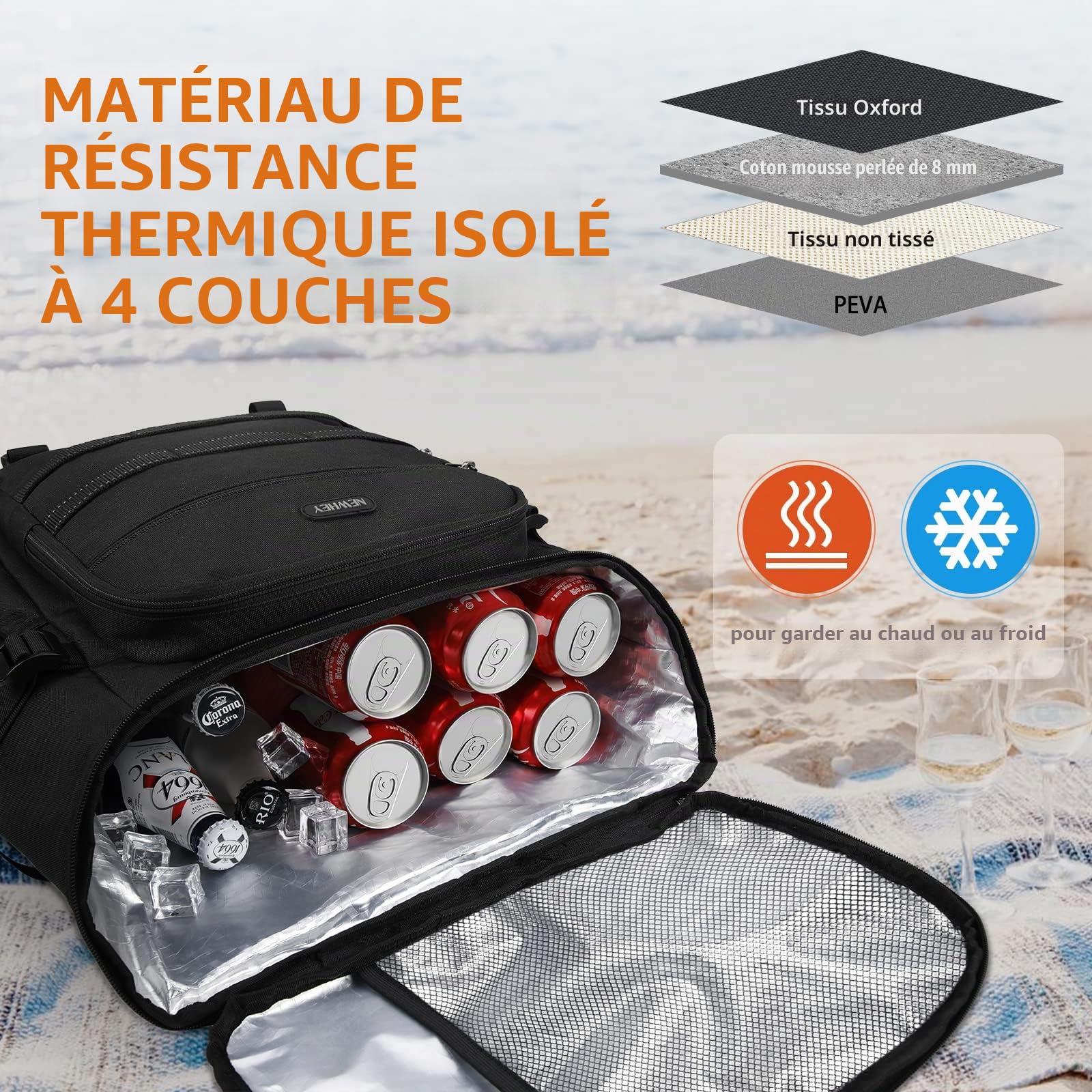NEWHEY 30L Sac à Dos Isotherme Étanche Glacière Grand Sac à Dos de Pique-Nique Alimentaire Léger Déjeuner Camping BBQ Randonnée Noir