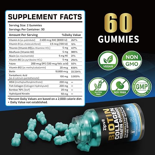 Miniatura 2 de zipvit Gomitas de colágeno de biotina, vitaminas para la piel y las uñas para mujeres y hombres, vitaminas para el crecimiento del cabello B1, B2,