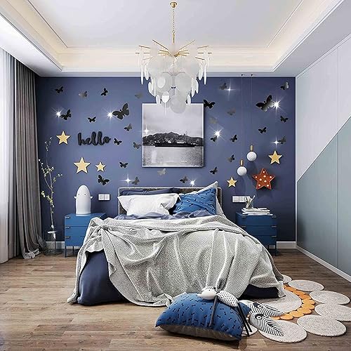 Miniatura 5 de Decoración de pared de espejo de mariposa, 50 calcomanías de pared de mariposa de espejo acrílico 3D extraíbles, calcomanías de pared autoadhesivas
