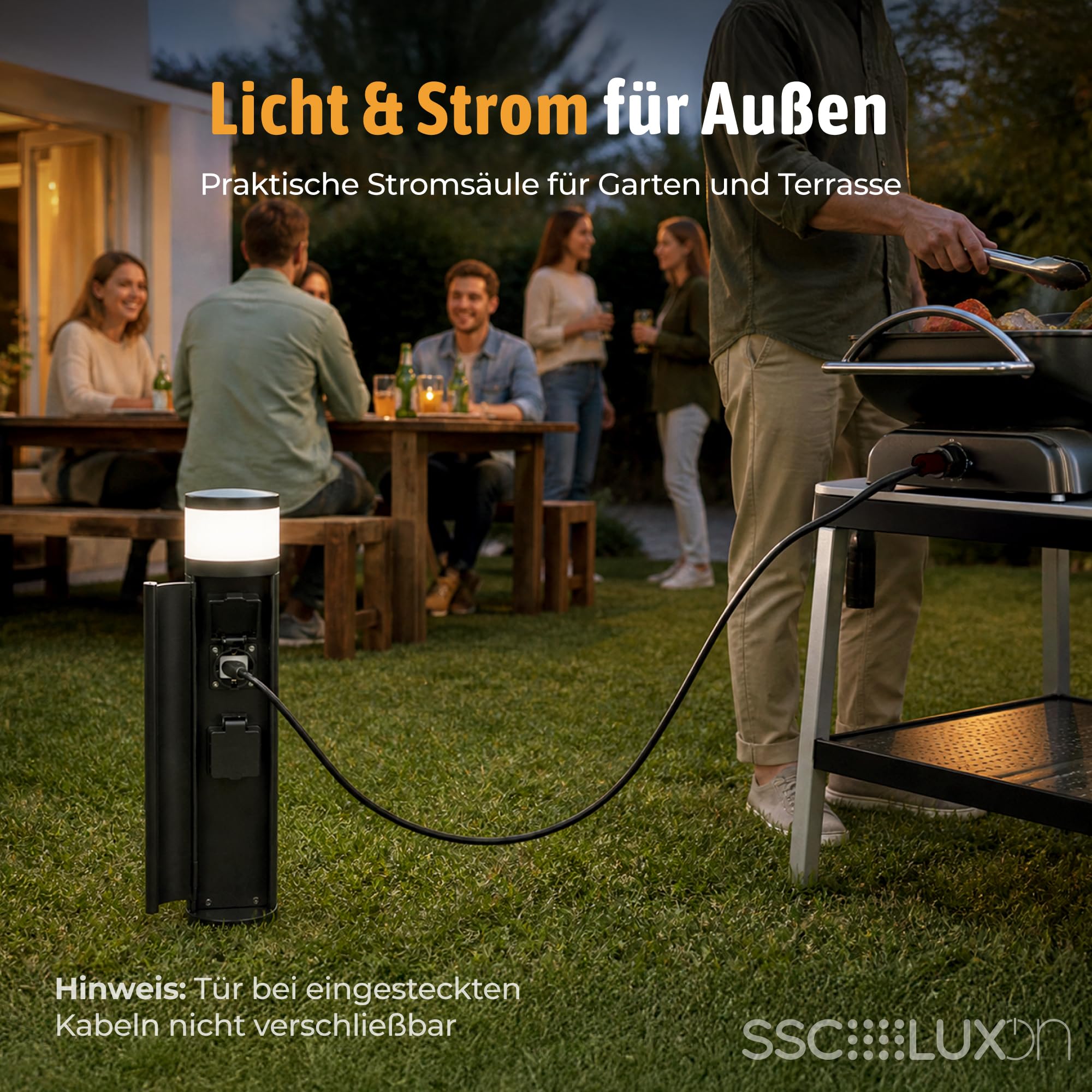 SSC-LUXon PALISO Energiesäule Garten mit Licht und 2 Steckdosen outdoor - schwarze Pollerleuchte außen led IP44 inkl. G9 3W warmweiß