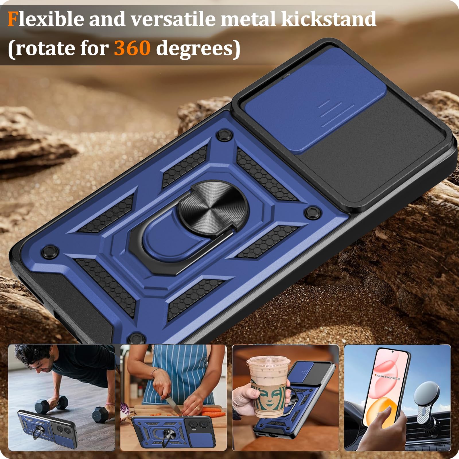Cover per Moto G85 5G, Custodia per Moto G85 5G Antiurto Scorrevole Protezione Fotocamera Custodia con 360°Rotante Anello Supporto Cover, Blu