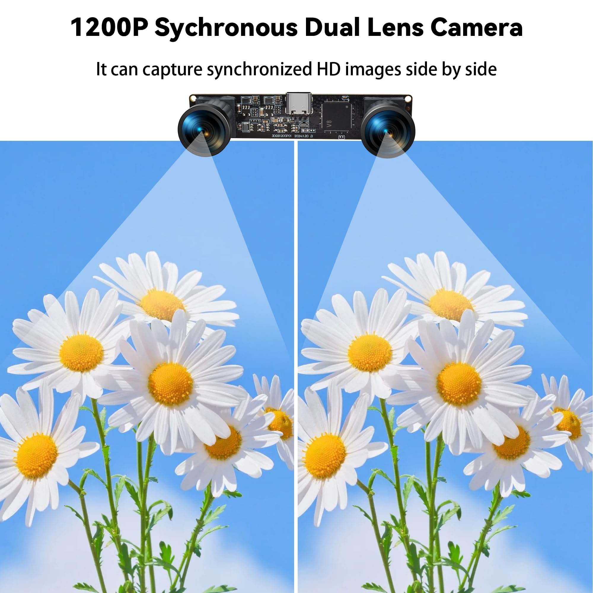 Cámara USB con obturador global de 1200P | Lente dual estéreo 3D VR de alta velocidad de 120 fps | Cámara de sincronización gran angular sin distorsión para robótica, reconocimiento facial y