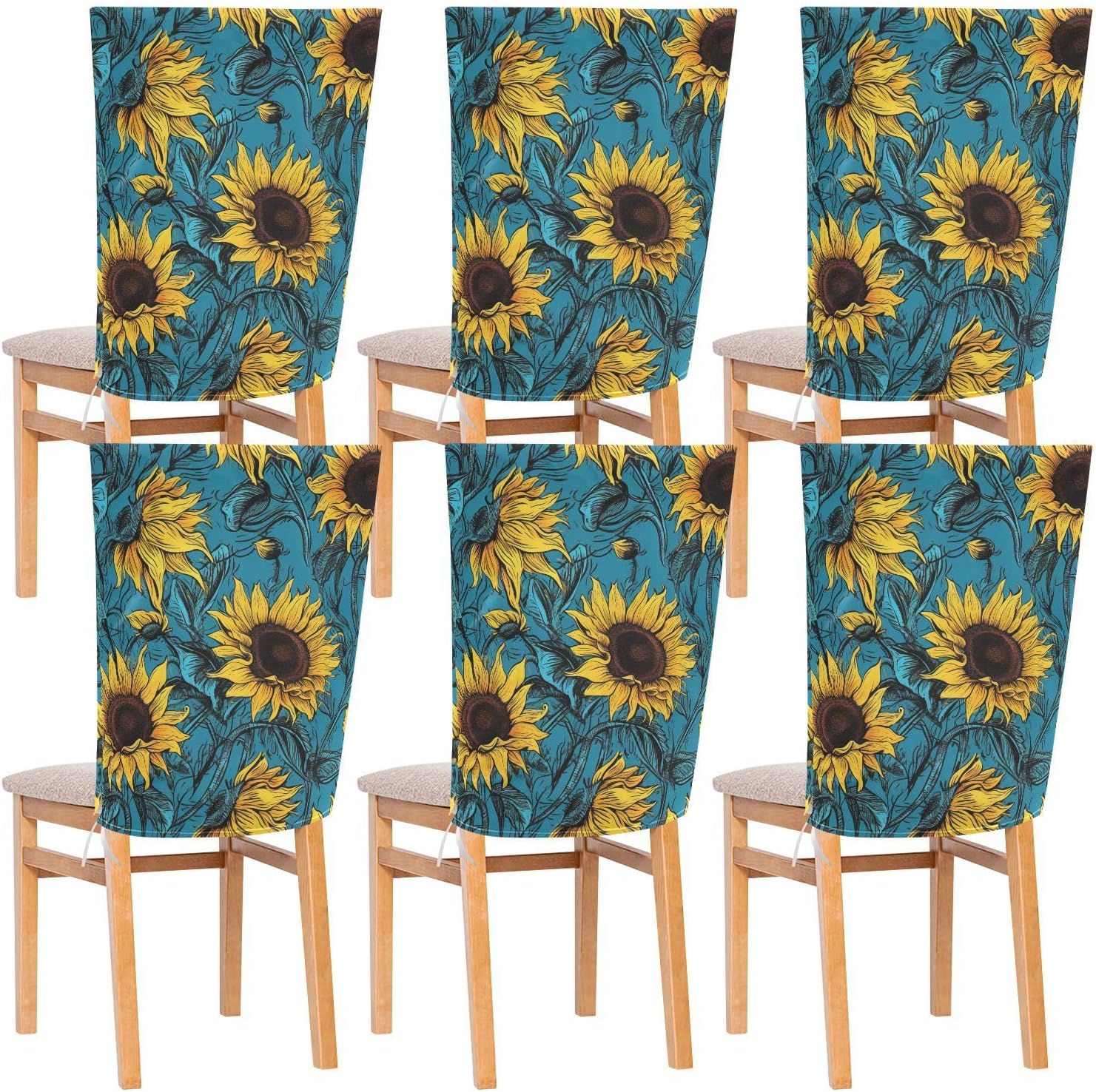 ALAZA Vintage Sunflowers Blue Background Chair Back Cover Set of 6, Washable Reusable Removable Chair Slipcovers Decorative Chair Cover for Home Kitchen Wedding Party