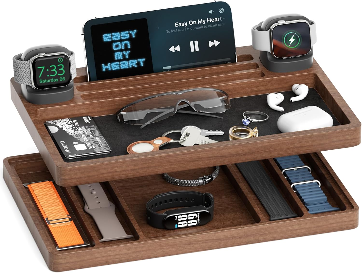 2 Tier Wood Watch Band Organizer - Charger Stand Compatible with All Apple Watch Series and Stackable Bands Display Watches Storage Case Tray(Walnut)