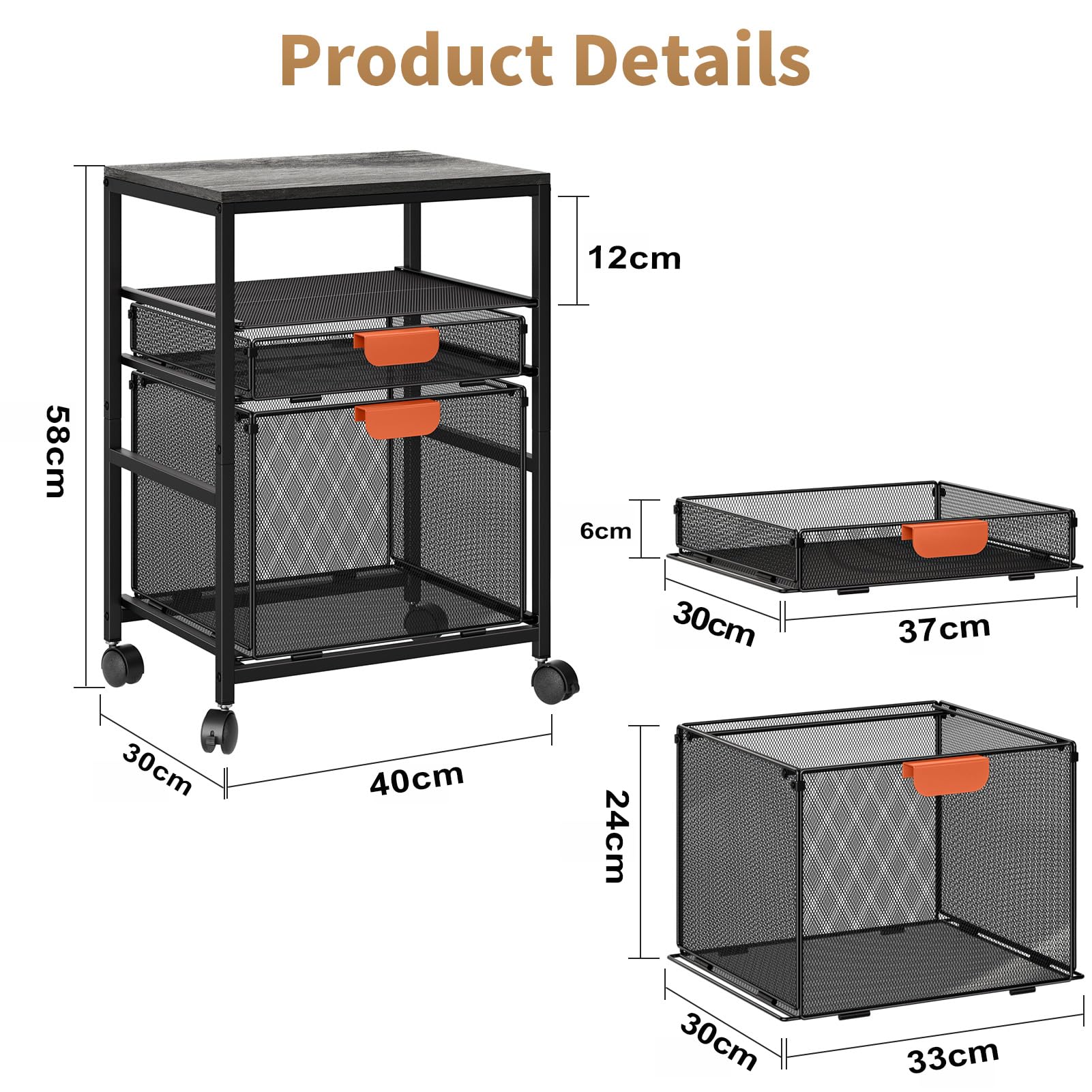 Marbrasse Soporte para Impresora con Almacenamiento,Carrito Grande con Ruedas,Mueble Organizador para Archivador con Cajones,Carrito para Impresora 3D,Teléfono Móvil,Oficina en Casa(Negro)