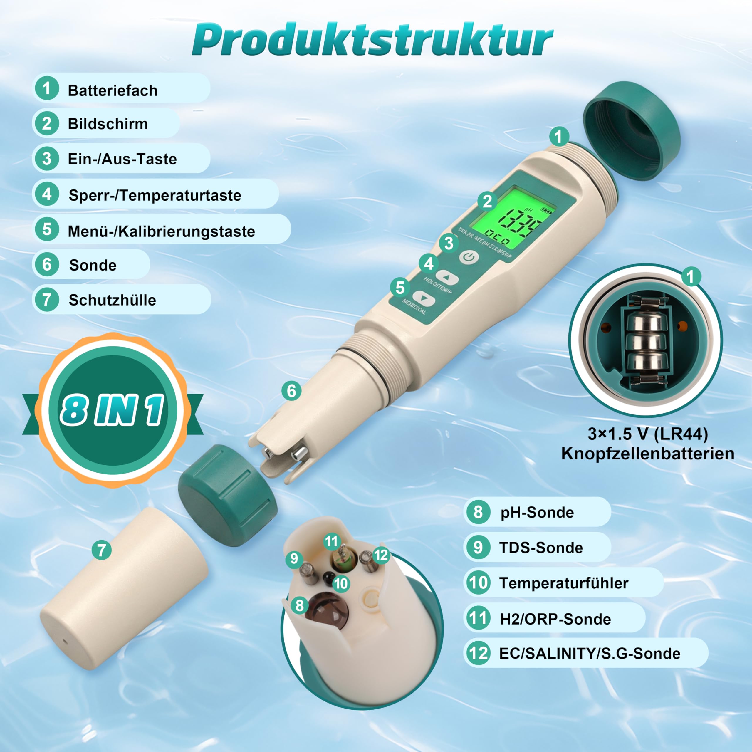 Digitaler Wasserqualität Tester, 8 in 1 PH Messgerät, misst pH ORP Salzgehalt TDS EC Temperatur für Pool Aquarium Hydroponik