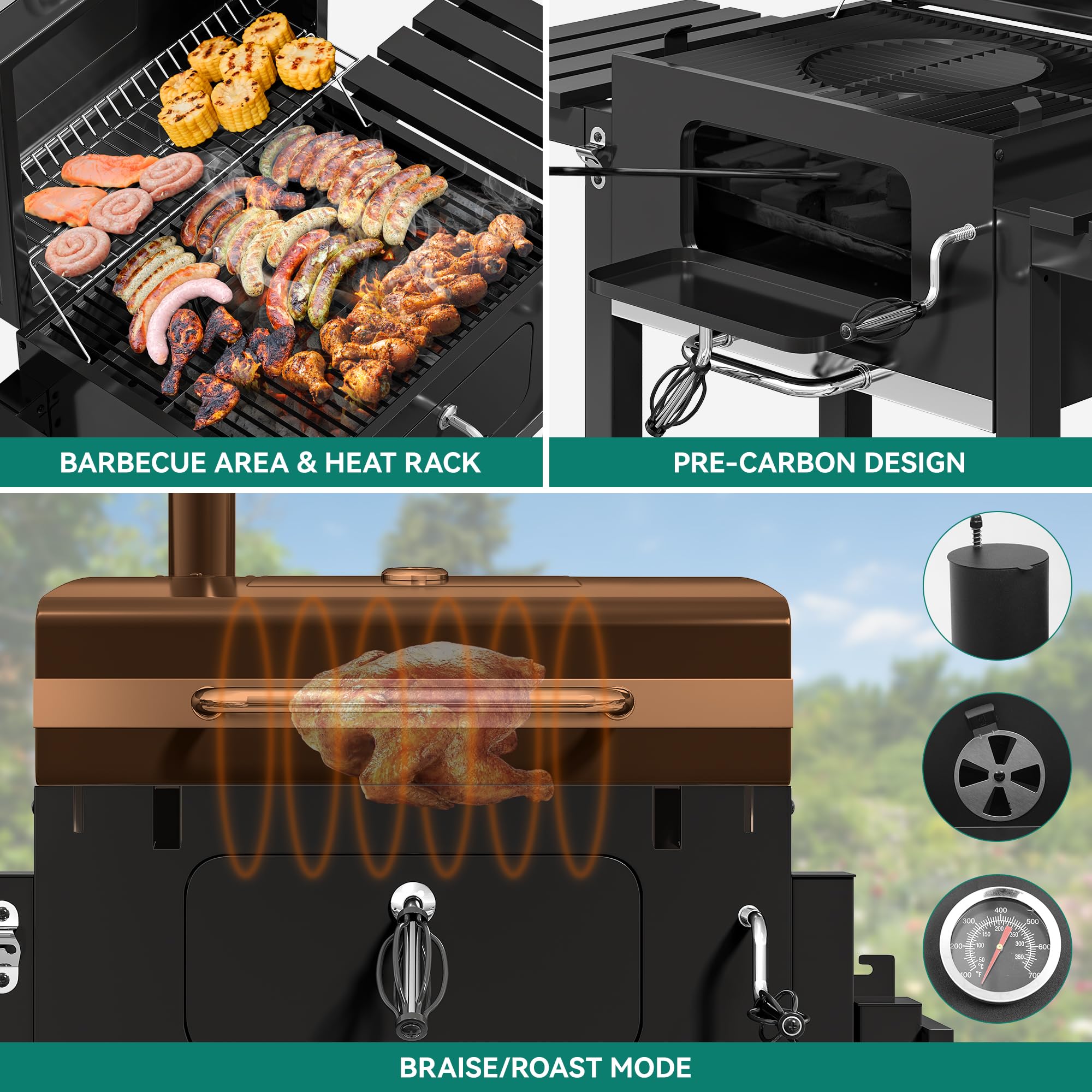 Grill węglowy, wytrzymały, z rusztem żeliwnym i regulowaną tacą na węgiel, przenośny, do ogrodu, na kemping, imprezy na świeżym powietrzu, zawiera żaroodporne rękawice i szczypce do grilla