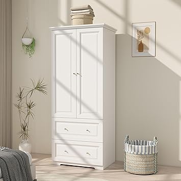 White Wardrobe with 2 Drawers: 74" Wooden Wardrobe Closet for Hanging Clothes, Tall Armoire Closet with 2 Doors, Bedroom Armoires with Hanging Rod (32")