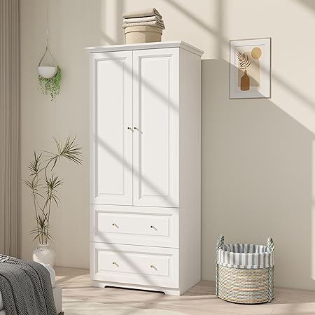 White Wardrobe with 2 Drawers: 74" Wooden Wardrobe Closet for Hanging Clothes, Tall Armoire Closet with 2 Doors, Bedroom Armoires with Hanging Rod (32")