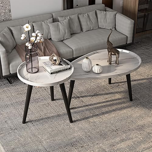 Miniatura 2 de SHENGTIAN Juego de 2 mesas de centro anidables de MDF redondas, ovaladas, juego de mesa de sofá adecuado para sala de estar, dormitorio, hotel