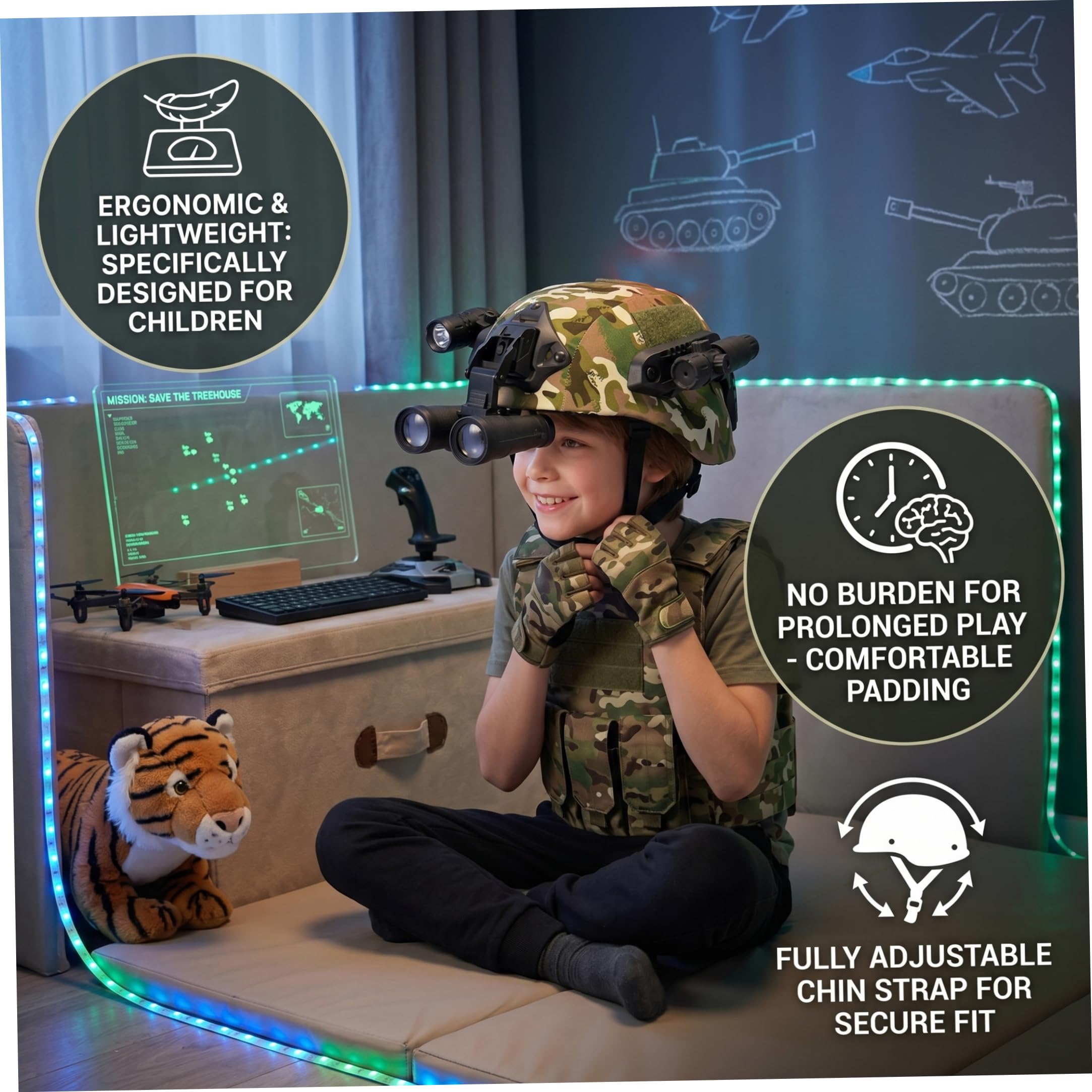 Casco balistico, Casco Leggero per Bambini con telescopio e Torcia Set Completo Airsoft e Costume Militare Cosplay con Guide modulari, balistico Nero