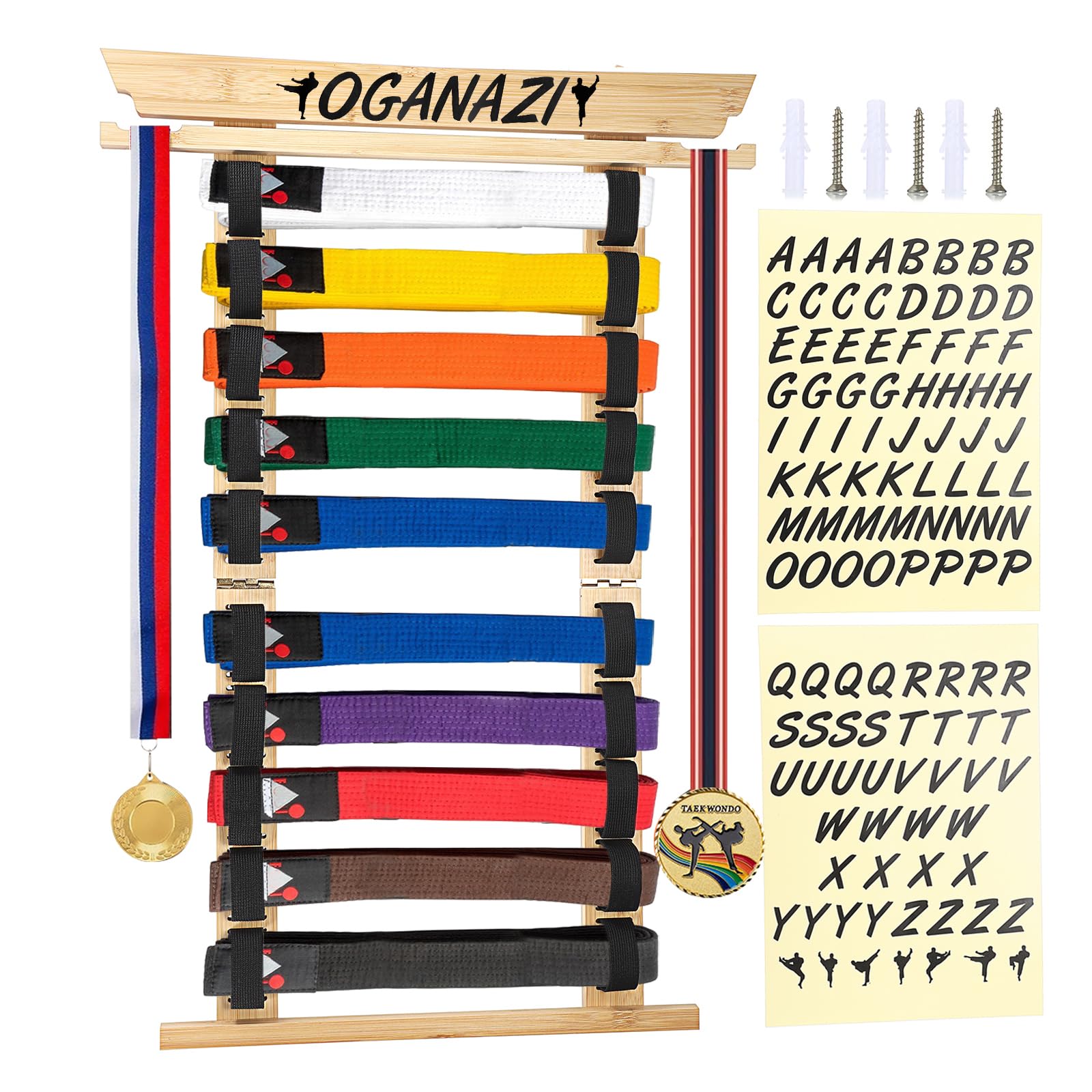 SUMNACON Soporte para cinturón de artes marciales, incluye 10 cinturones de bambú para taekwondo, soporte de pared para judo, karate y ninjitsu