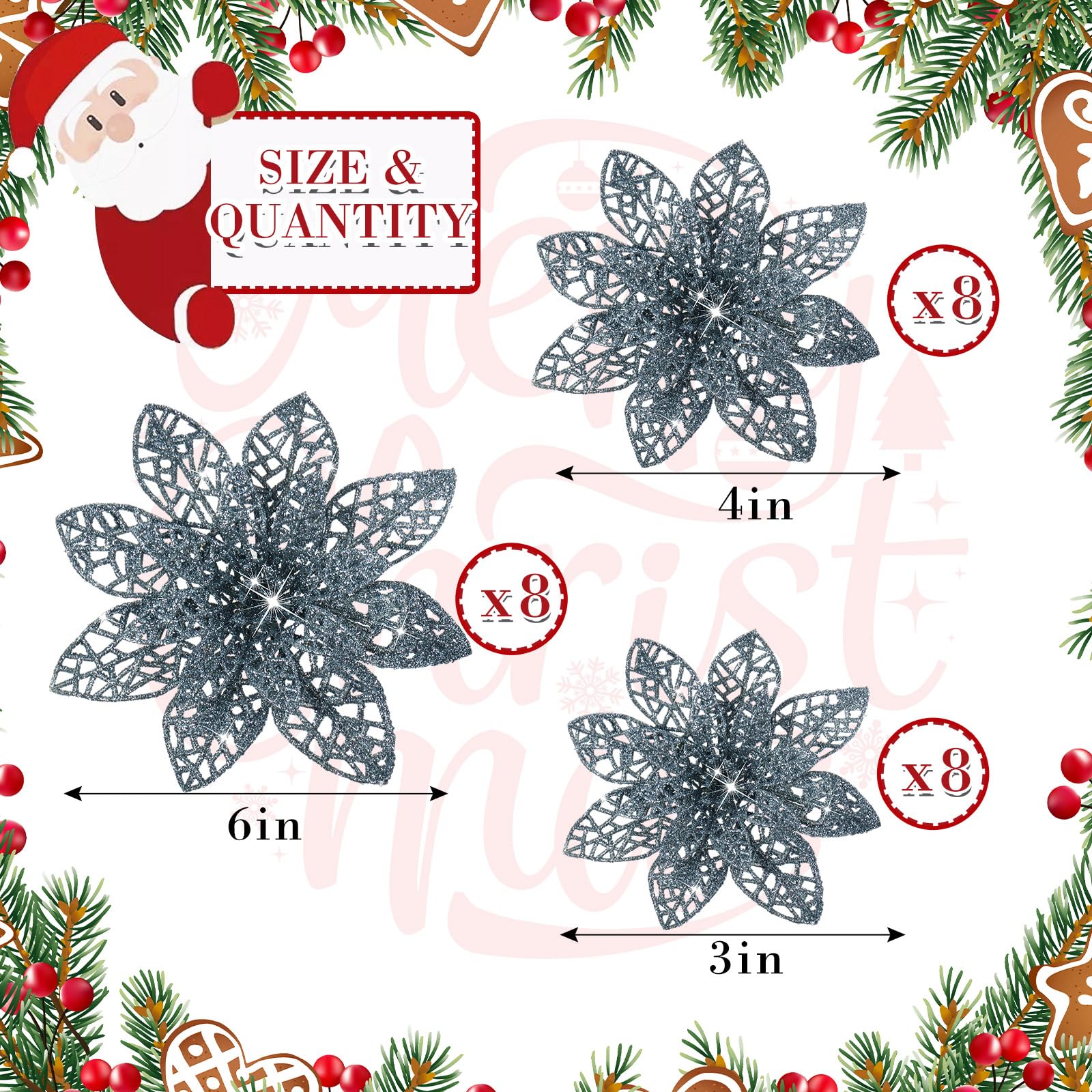 Boao 24 Pieces Glitter Poinsettia Christmas Tree Ornament Christmas Flowers Decor Ornament, 3/4/6 Inches (Dusty Blue) - Image 2
