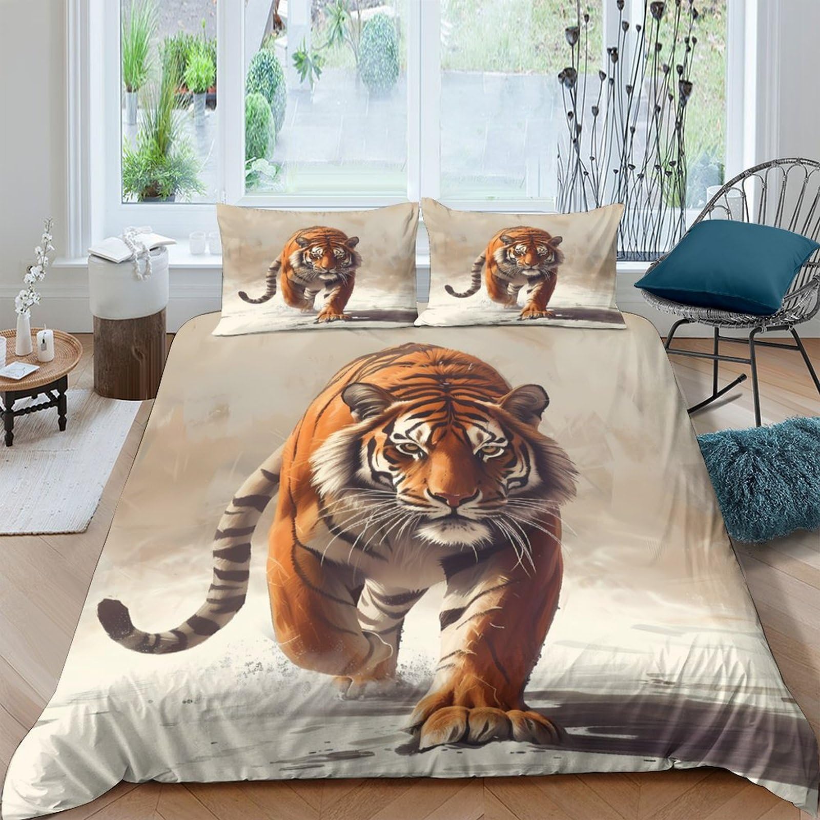 GPLZQXKJNH 3D Printed Tiger Pattern Duvet Cover Microfiber Soft Animal Bedding Set with 2 Pillowcases for Bedroom Decor Single（135x200cm）