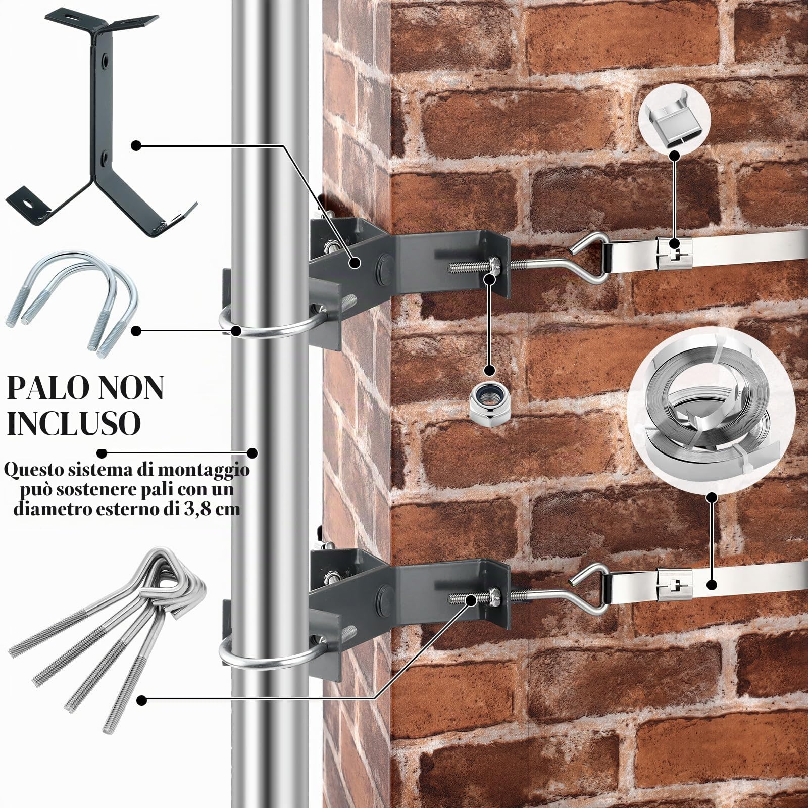 Blulu Kit di montaggio a Y per antenna TV da 5,5 m, cinghie in acciaio zincato, 10,2 cm, palo distanziatore, montaggio a parete, resistente, per stazioni meteorologiche esterne e per prosciutto, casa