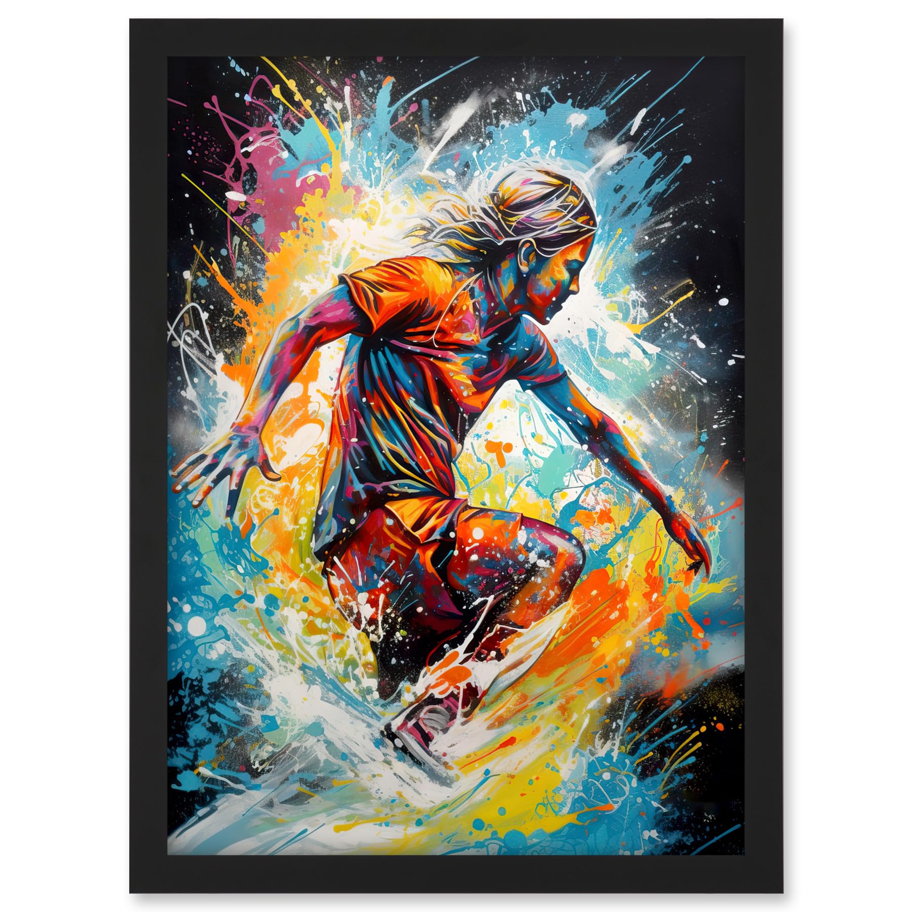 Artery8 Surfer Surfing on Splatter Paint Crashing Waves Artwork Framed A3 Wall Art Print