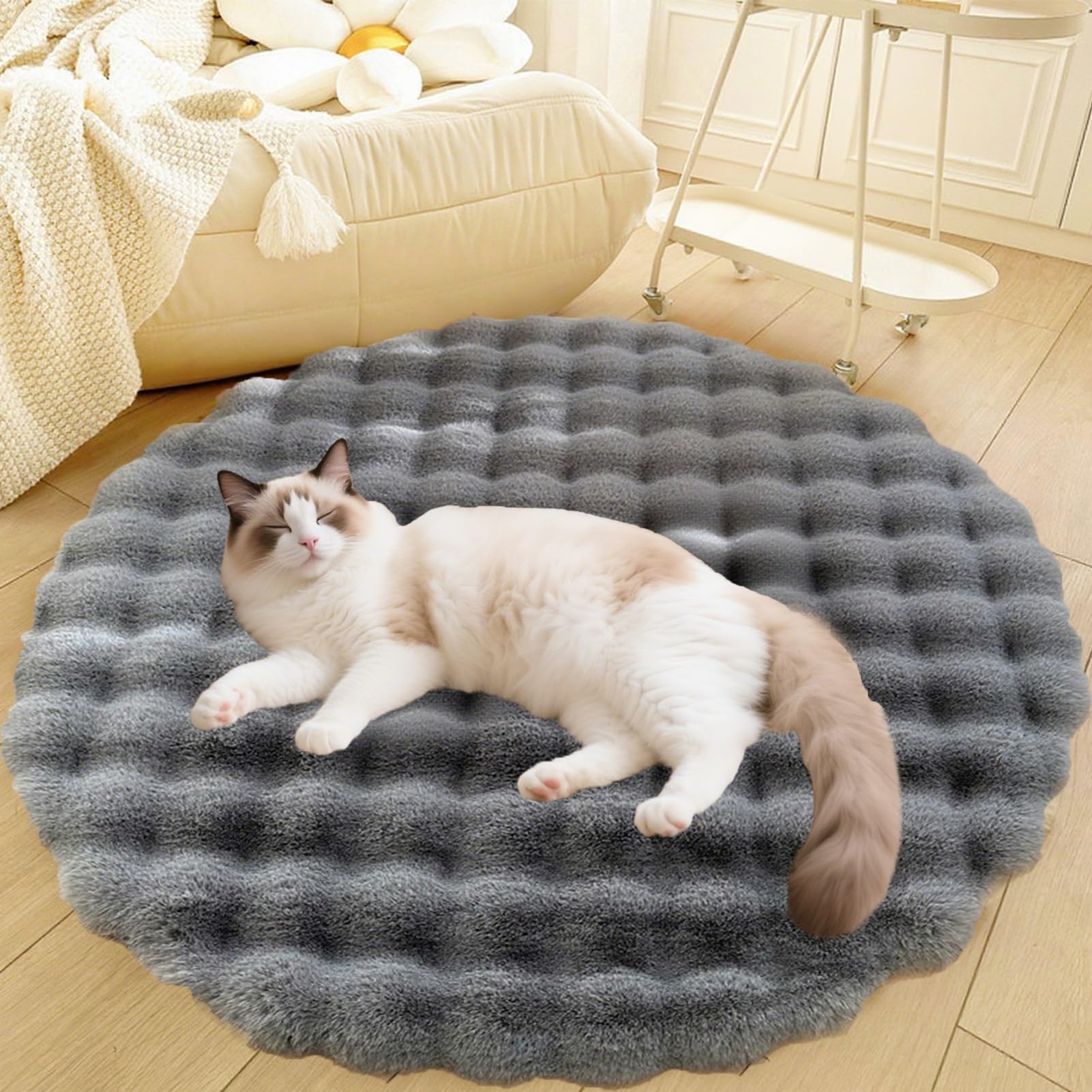 Divano per Cani E Gatti Con Fondo Antiscivolo, Tappeto Rotondo Lavabile, Moderno Letto A Pelo Lungo Da Posizionare Accanto Al Pavimento, Tappetino per Soggiorno(Gray,43in)