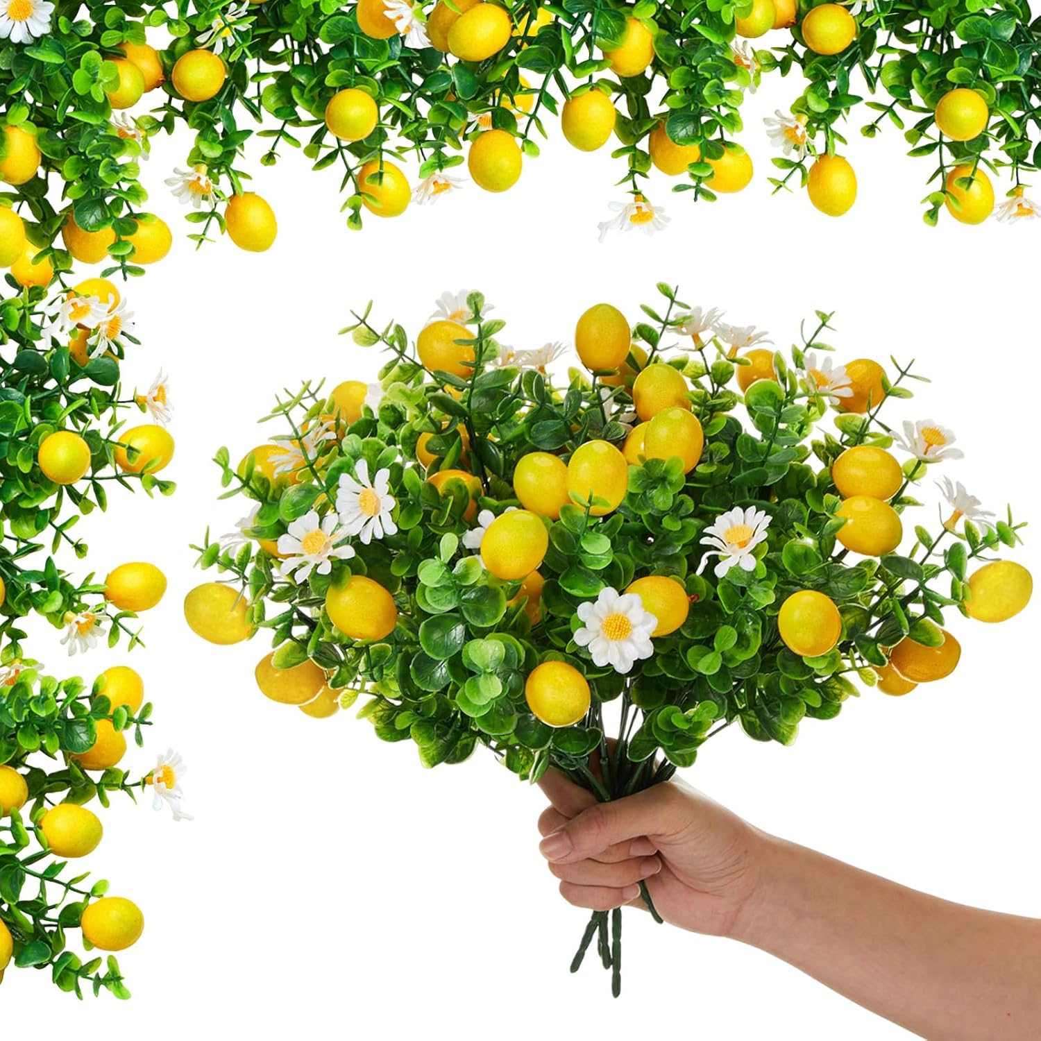 10 Pack Artificial Lemon Branches Decoration Fake Lemon Stems with Green Leaves and Daisies for Farmhouse Home Wedding Birthday Table Centerpiece & Party Arrangement