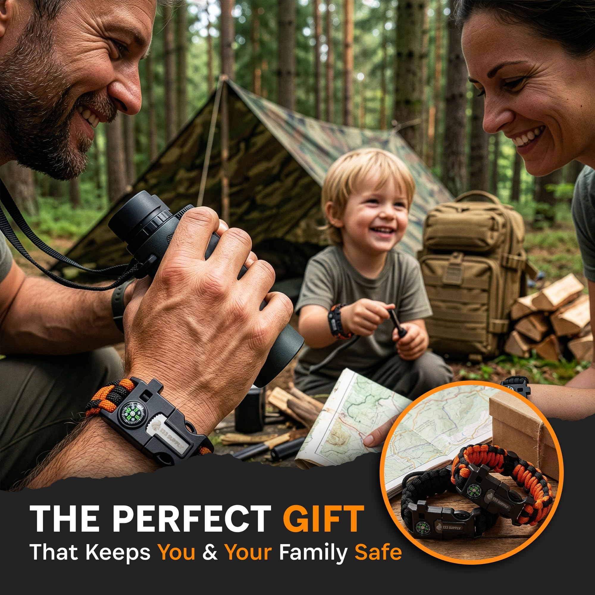 Paracord-Armband – verstellbar – Kompass – Feuerstarter – laute Pfeife – perfekt für Camping, Wandern, Angeln, Jagd, Überlebenstraining und Geschenke, 2er-Pack