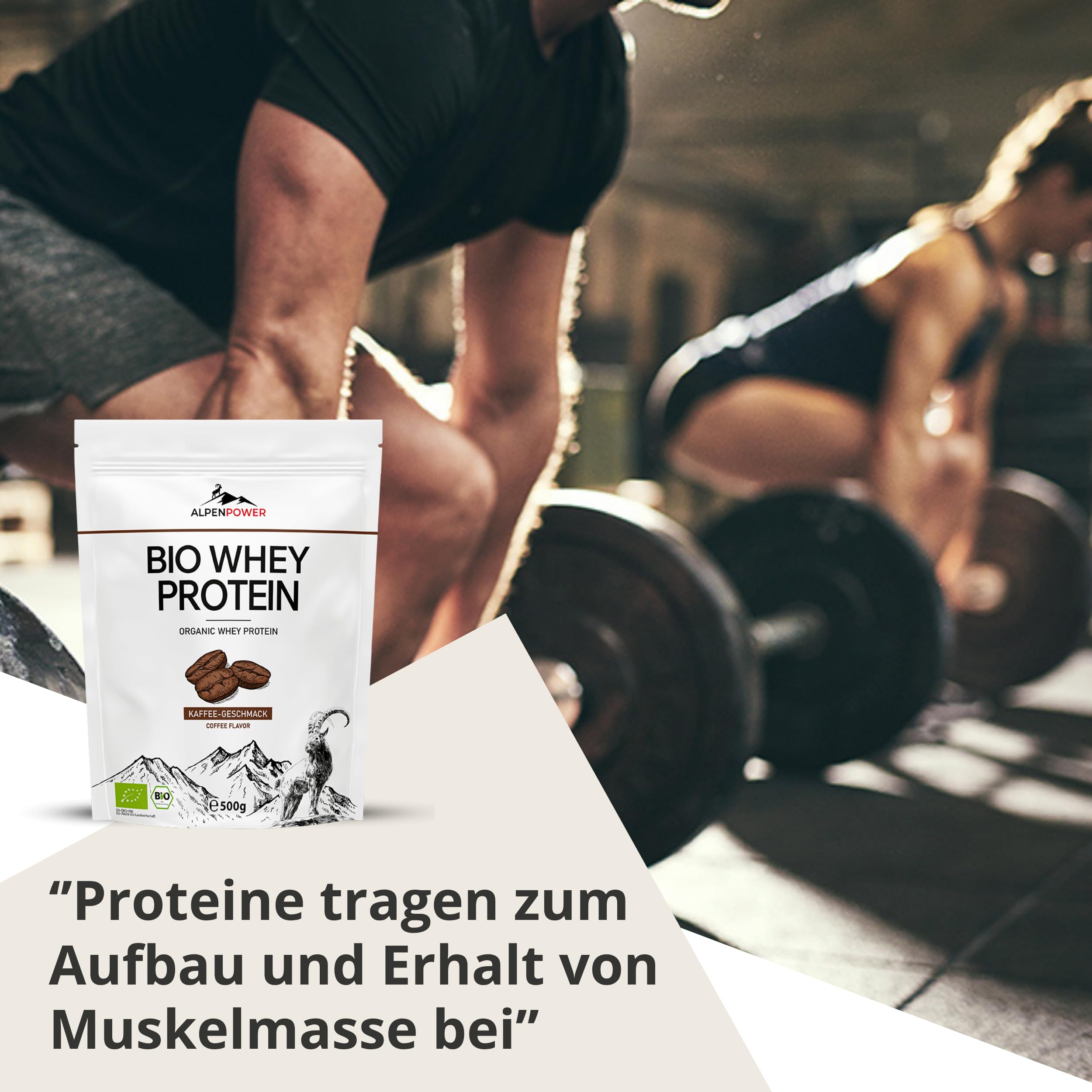 AlpenPower BIO WHEY proteine ​​gusto Caffè 1 kg - Ingredienti 100% naturali e senza additivi - Prodotto con il miglior latte alpino biologico - Polvere proteica CFM di alta qualità