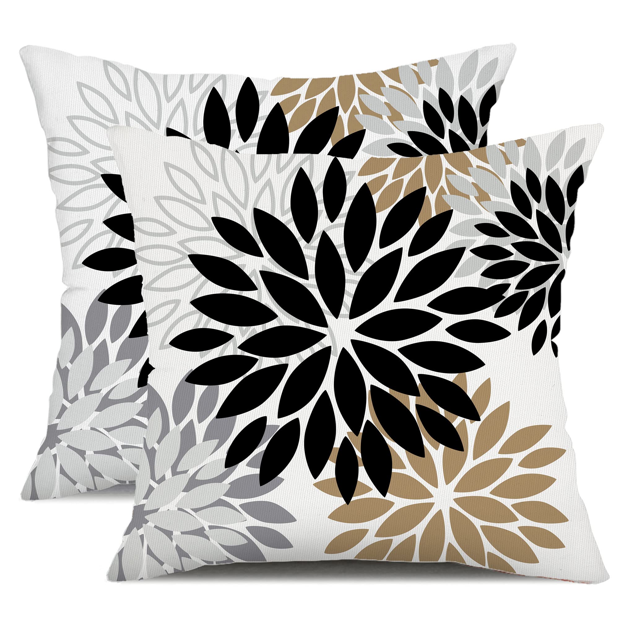 DFXSZ Black Brown Outdoor Pillow Covers 16x16 Inch Set of 2 White Gray Flower Throw Pillows Farmhouse Outdoor Modern Floral Polyester Square Cushion