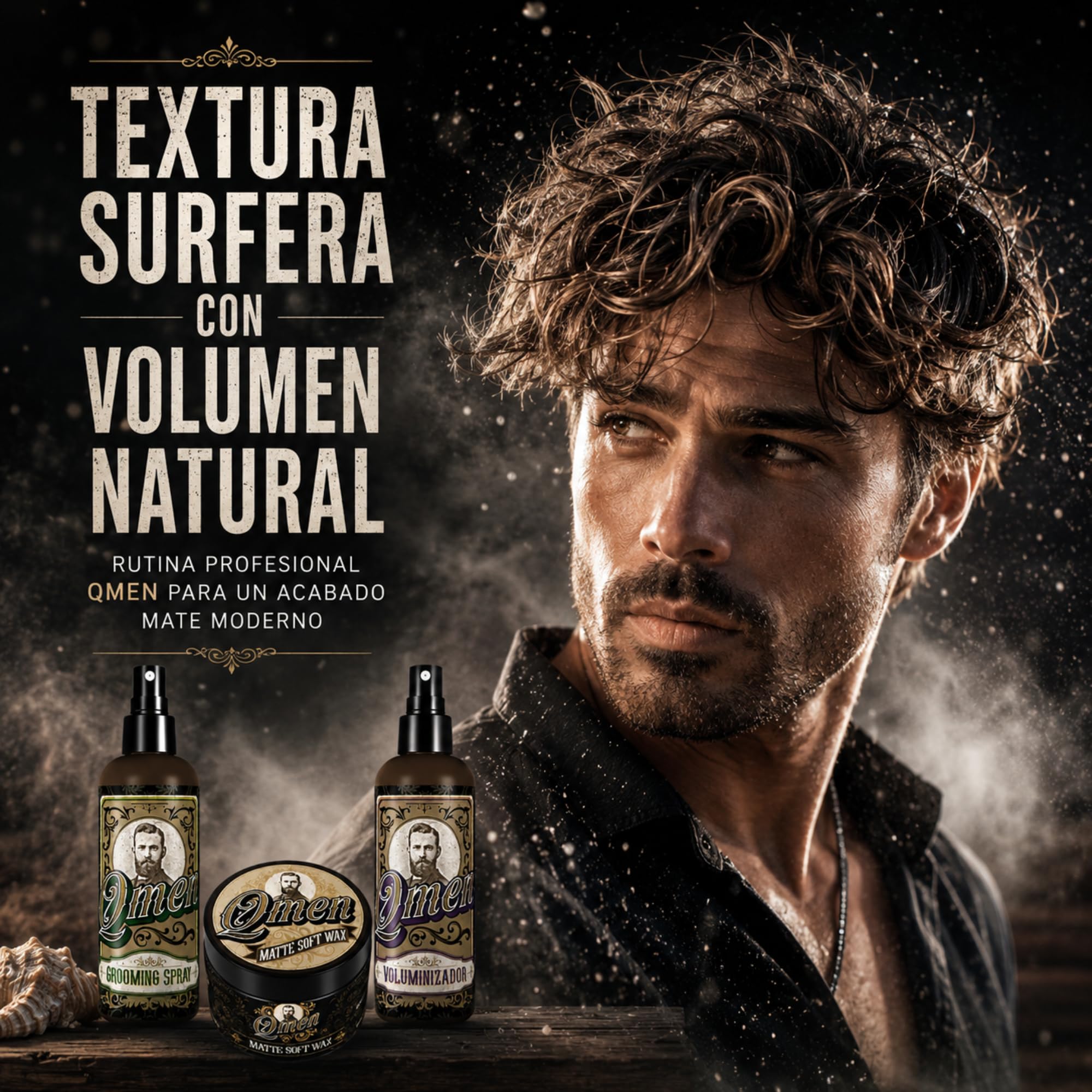QMEN Kit Surf Texture Hombre – Sea Salt Spray 250ml + Spray Voluminizador 250ml + Cera Mate Flexible 100ml | Volumen Natural, Ondas Surferas y Acabado Mate Profesional | Styling Barbería Premium