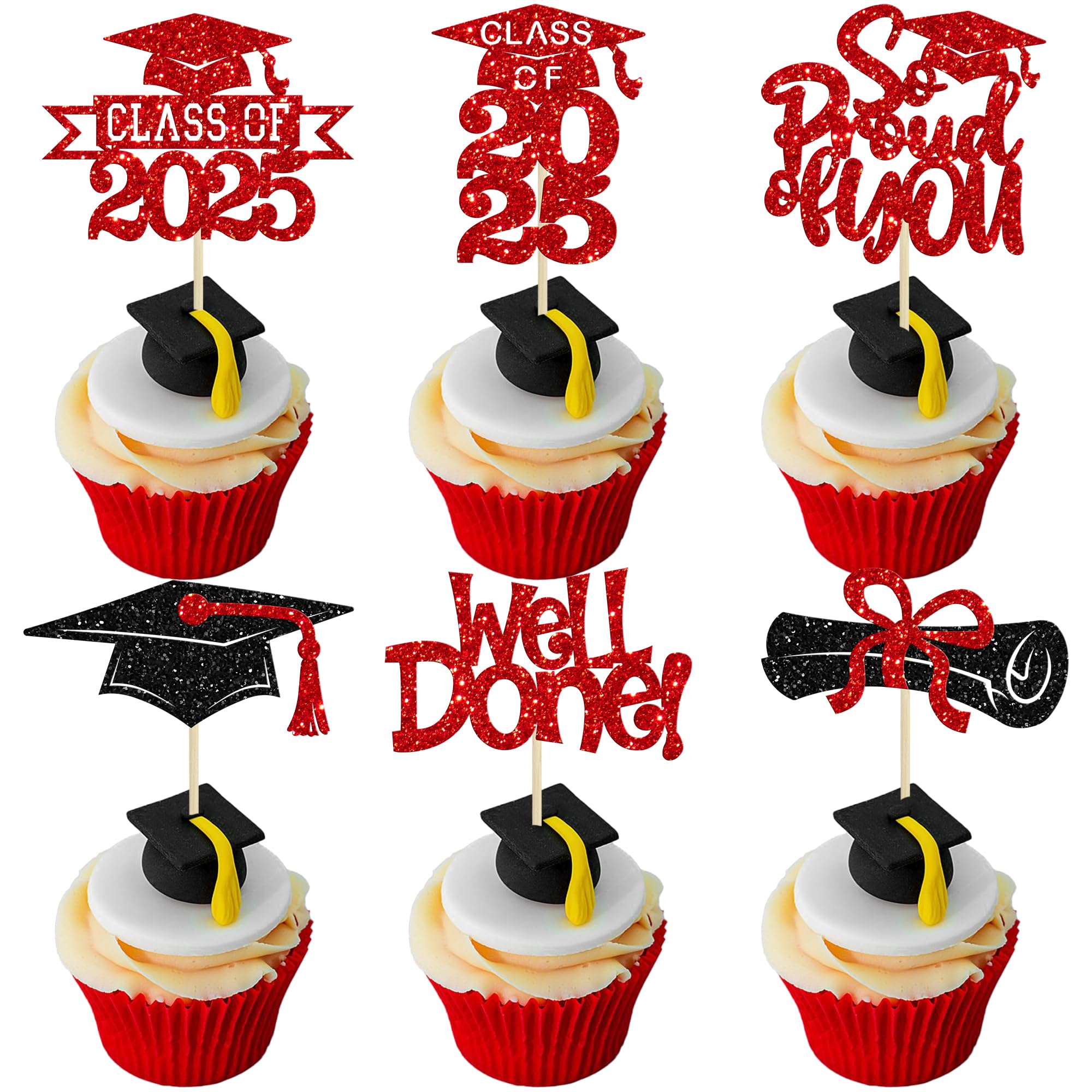 Gyufise 24Pcs Congrats Grad 2026 Cupcake Toppers Glitter 2026 Graduation Done Diploma Cupcake Picks Class of 2026 Cupcake Decorations for 2026 Graduation Theme Party Supplies Red