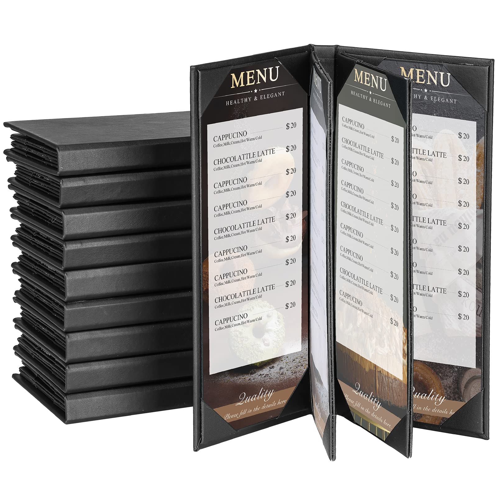Fundas para menús de 4.25 x 11 pulgadas, paquete de 10 fundas de cuero negro para menú, estilo libro, para restaurante, cafetería, bar, lista de vinos (6 vistas, 10 unidades)