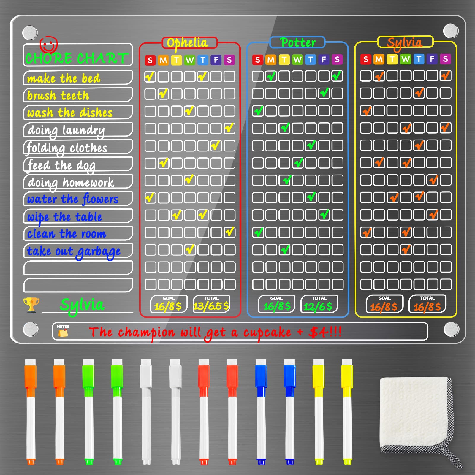 PigPotParty Acrylic Magnetic Chore Chart for Multiple Kids 3 Kids, 16"x12" Family Behavior Reward Responsibility Chart for Kids Teens Adult, Clear Dry Erase Chore Board w/ 12 Markers & Towel