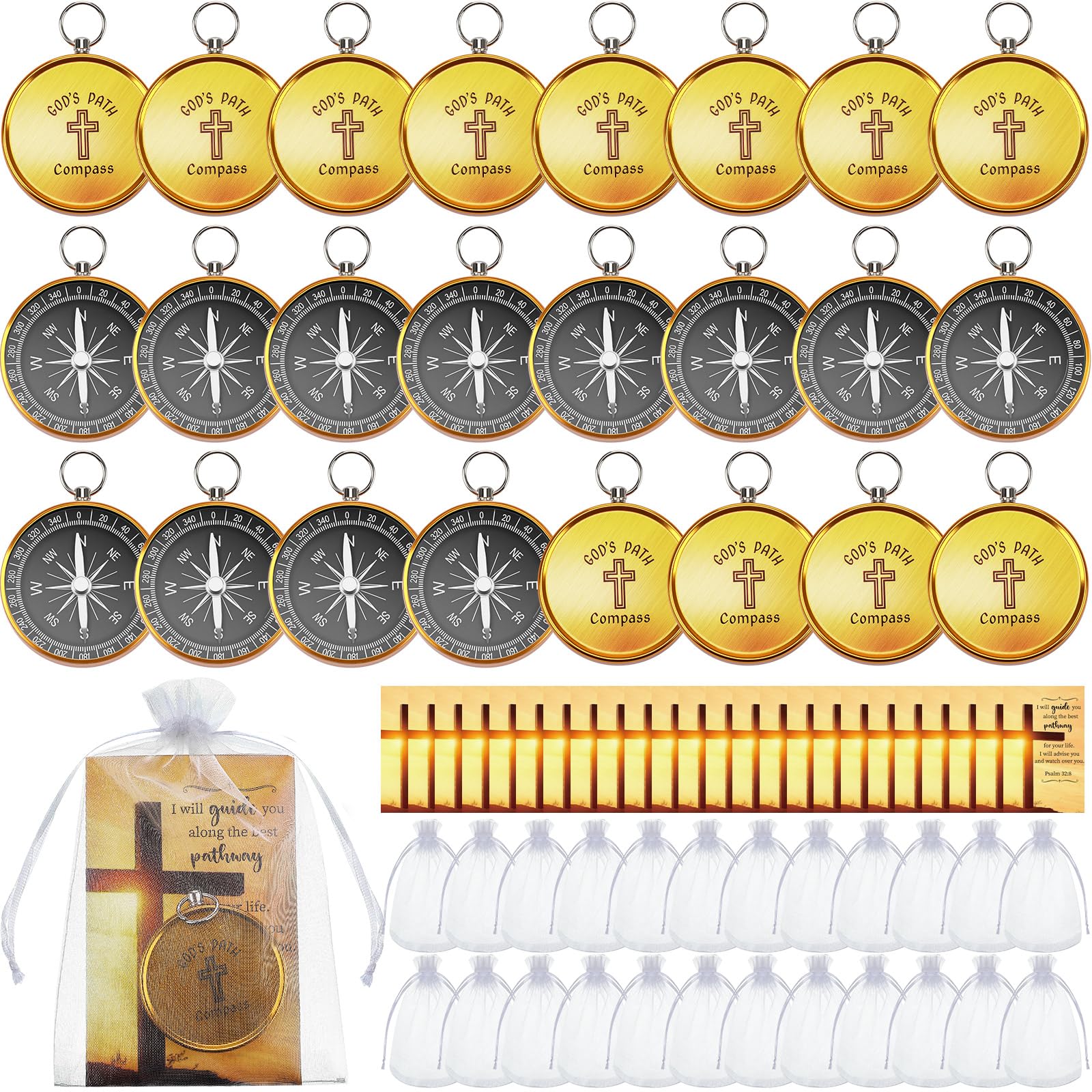 Relaxweex 24 Set Mini Christian Compass Christian Gift for Men Compass with Cards and White Drawstring Organza Bag Bible Scripture Cards Religious Gifts for Men Graduation Gift Wedding