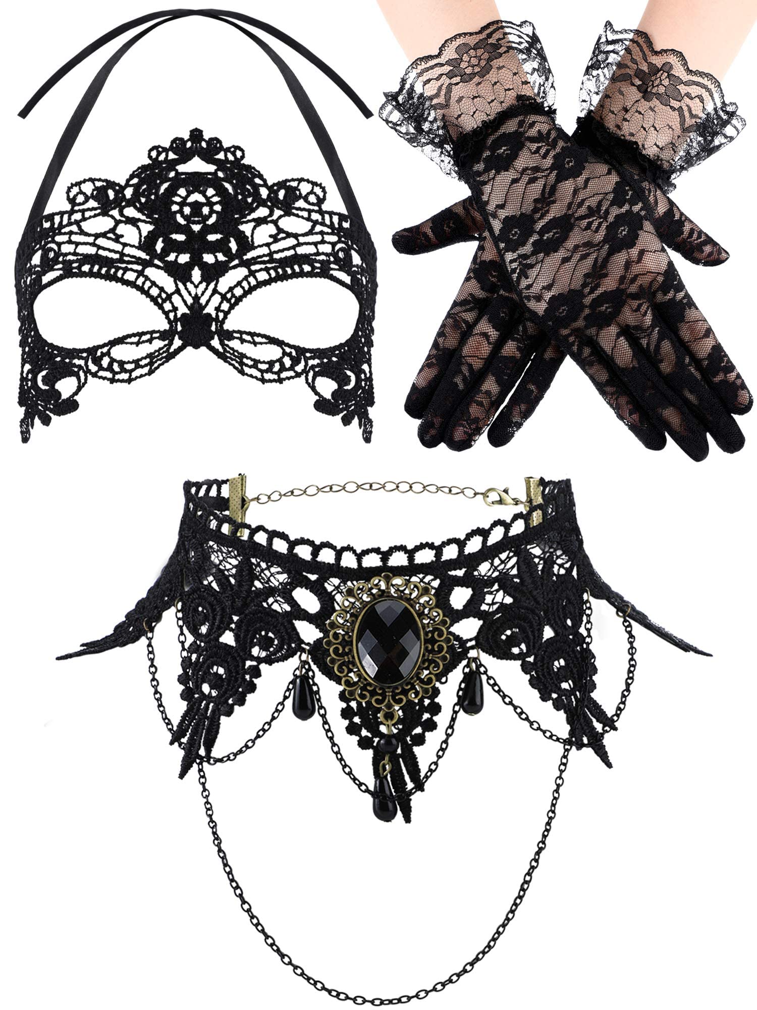 KASTWAVE Venetian Masquerade Masks - Masquerade Costume Set With Black Choker Lace Necklace and Lace Pattern Gloves for Women