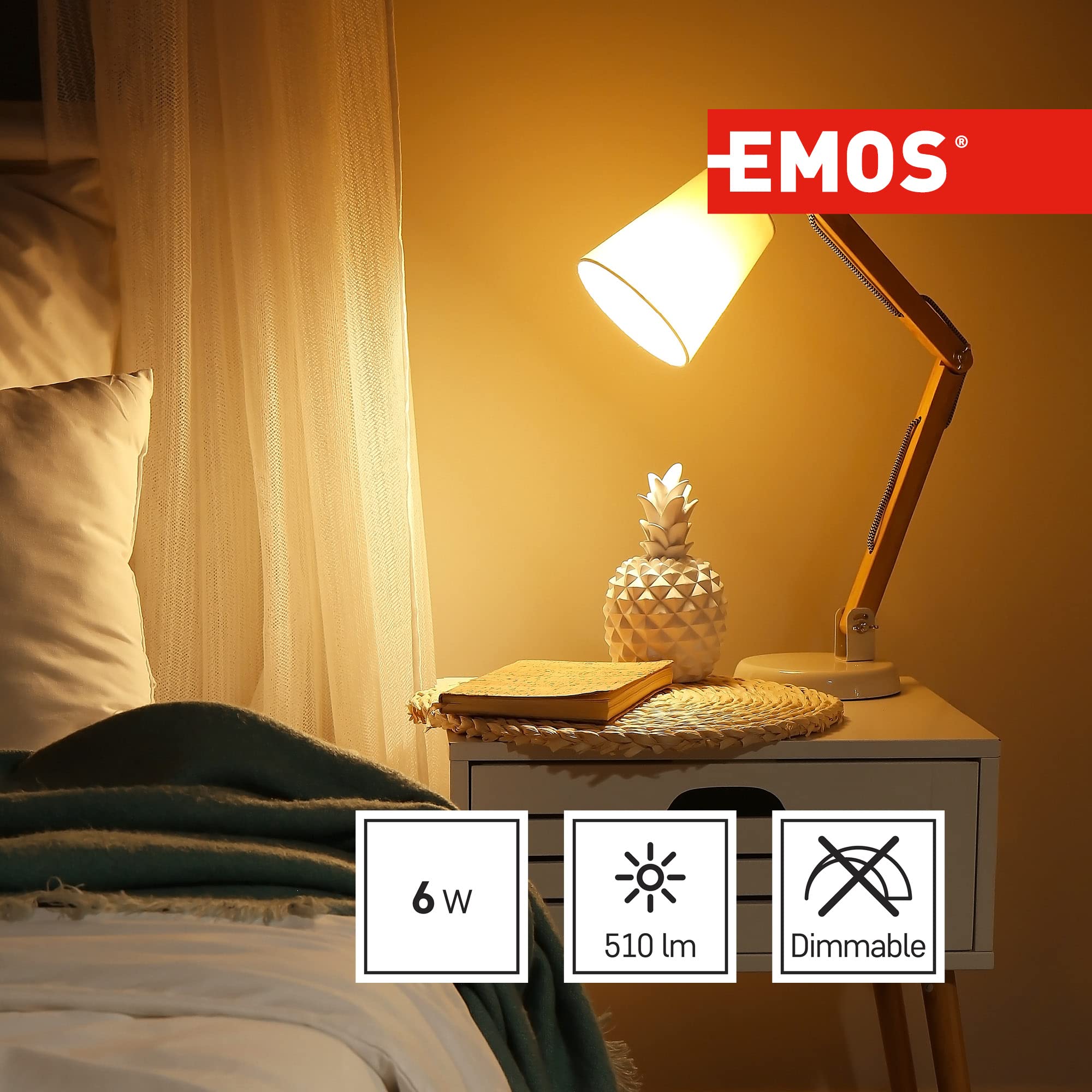 Emos * Model A +, lampadina a LED Candle 6 W E14 bianco caldo, vetro, 6 Watts, E27, trasparente, 3,8 x 3,8 x 13 cm