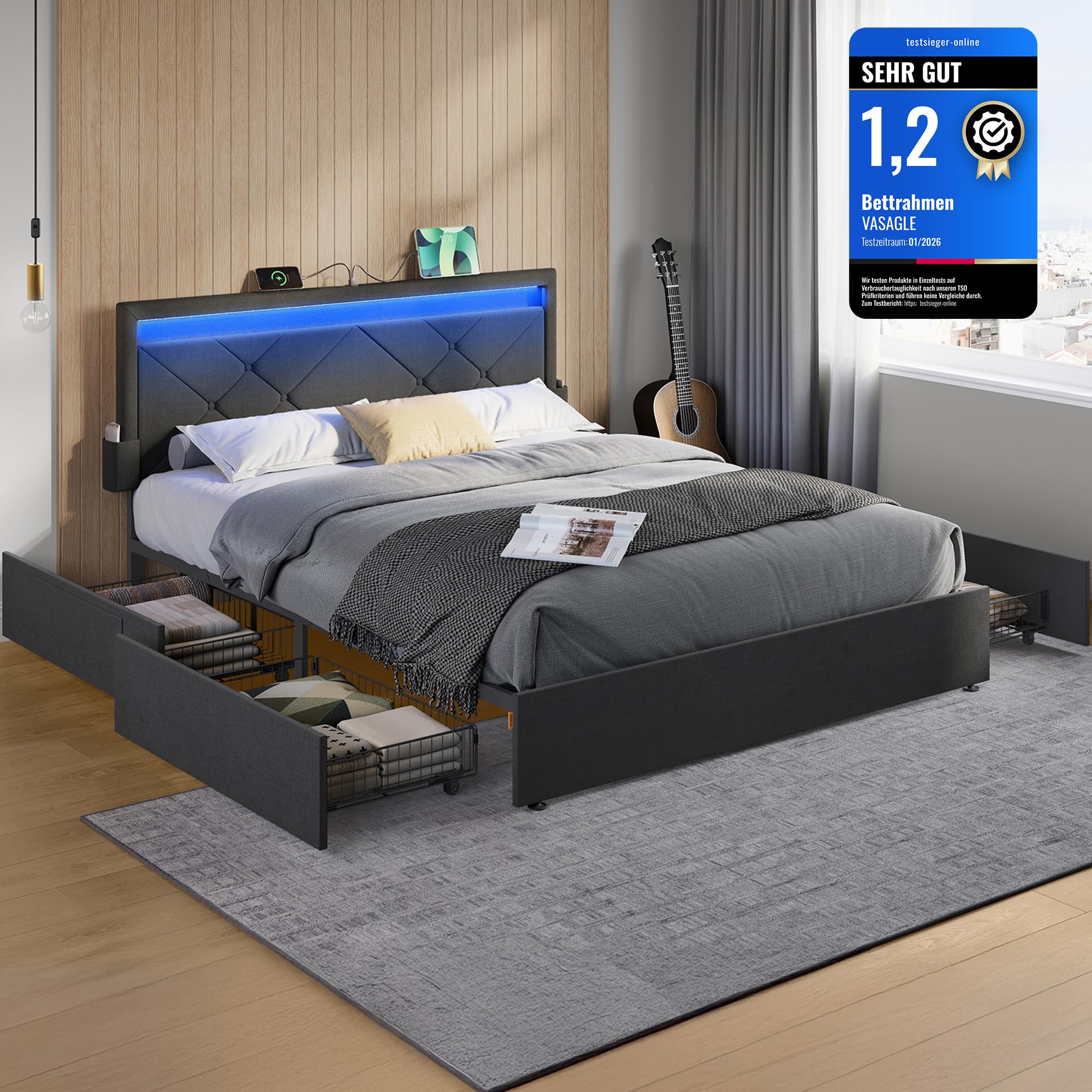 VASAGLE Doppelbettgestell, Bettgestell, passend für 140 x 200 cm Matratze, LED, Metallbett, 4 Schubladen, Ladestation, verstellbares gepolstertes Kopfteil, schiefergrau RMB827G02