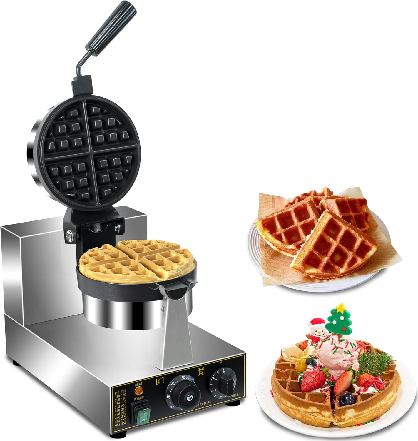 Commercial Waffle Maker, Professional Belgian Waffle Maker Round Waffle Iron Non-Stick 180° rotary Waffle Iron Machine With Temp and Time Control, for Restaurant Bakeries Kitchen Home 110V 1300W
