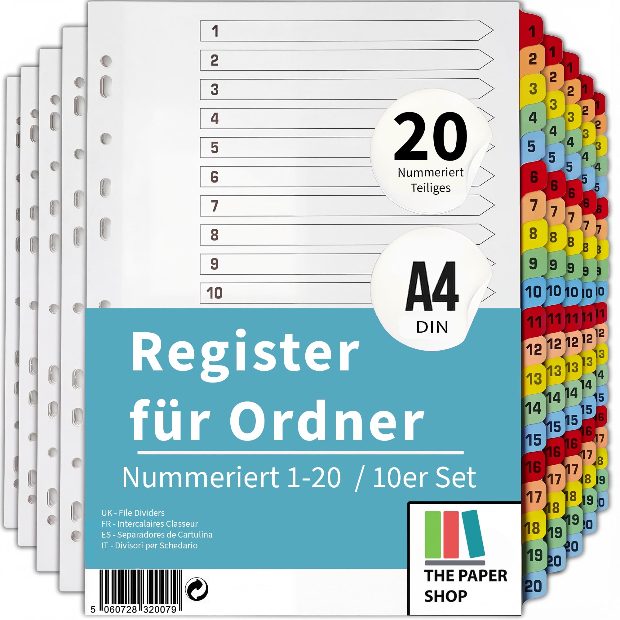 The Paper Shop A4 Ordner Register Unterteiler Hochformat 150 g/m² | 10 Pack | 20-Teilig Nummeriert 1-20 | Mehrfach Gelocht | Verstärkte Farbige Tabs Für Büro Schule Archiv Organisation