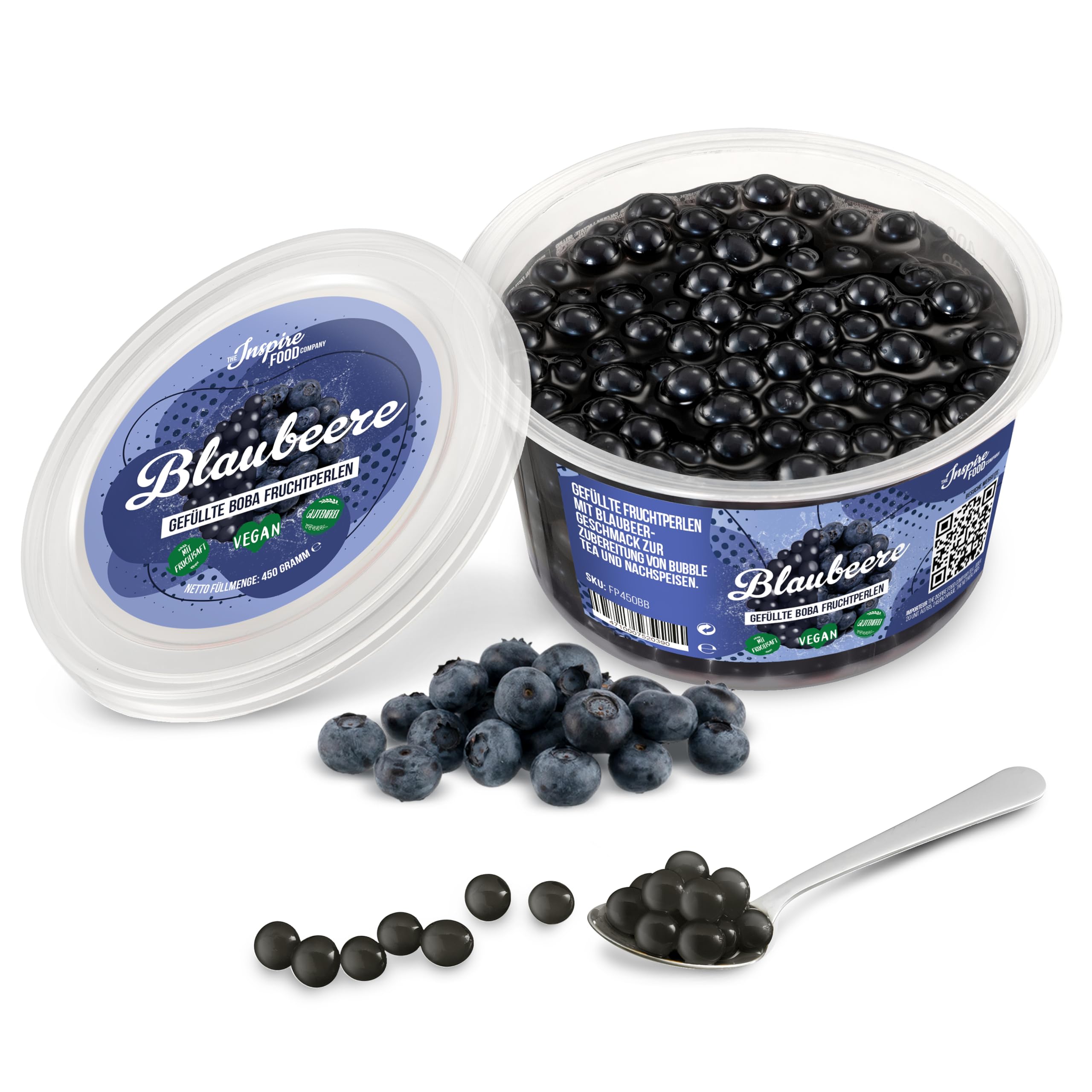 The Inspire Food Company Popping Boba Pearls for Bubble Tea - 450gm | Blueberry | Bursting Pearls Bubble | Real Fruit Juice For Shakes, Dessert,Smoothie | 100% Vegan & Glutenfree, No Artificial Colors