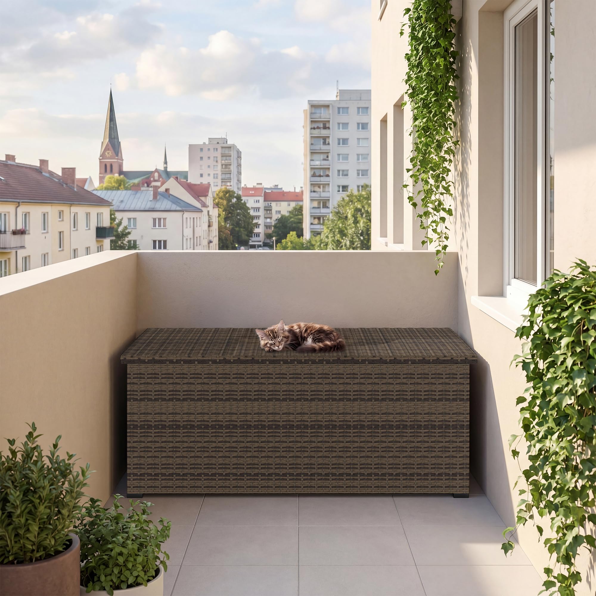 UDPATIO Gartenbox Wasserdicht 870L, Aufbewahrungsbox Garten XXXL, Auflagenbox Wetterfest, Kissenbox Outdoor mit Deckel, Gasdruckfedern | Braun