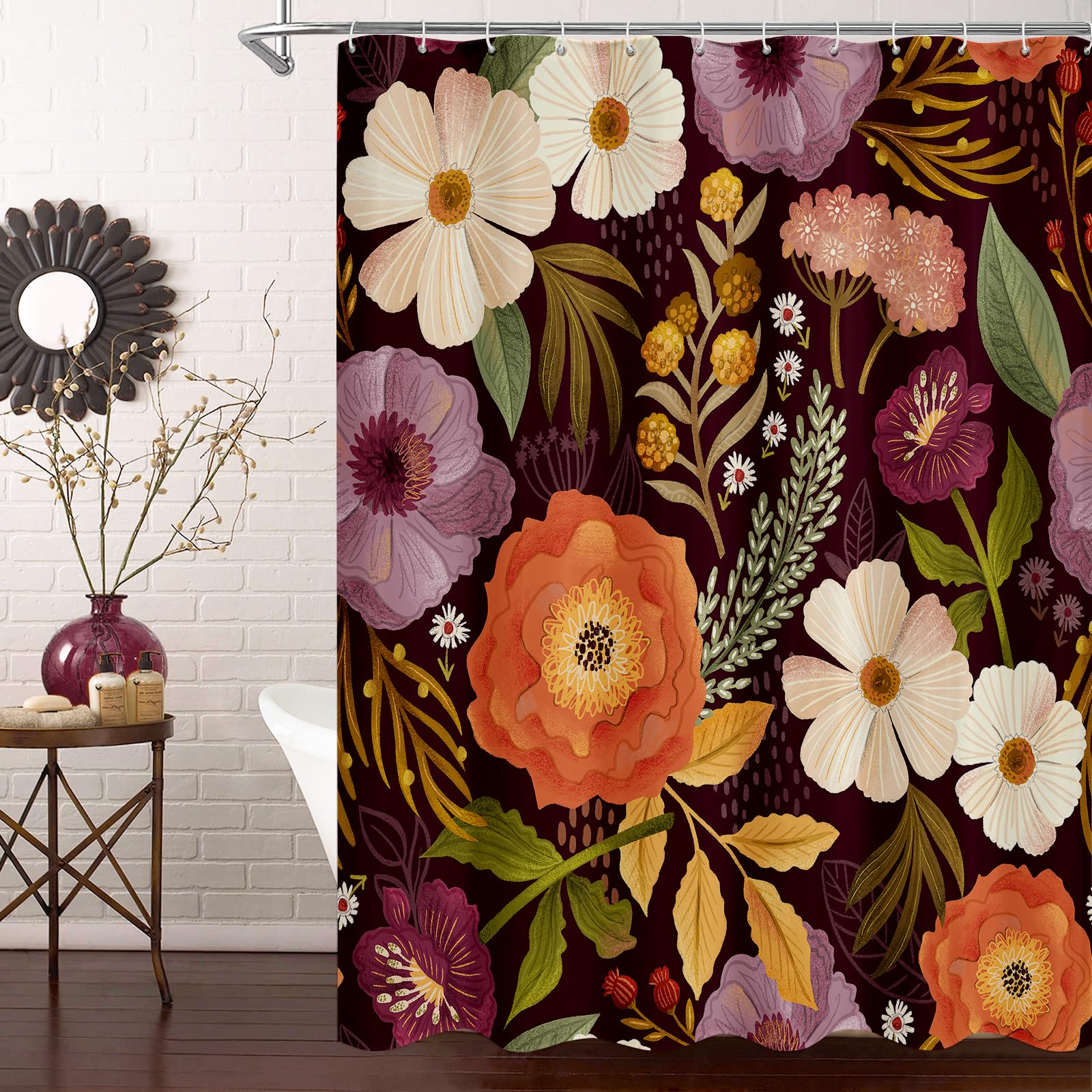 Boho Floral Shower Curtain, Purple Botanical Fabric Curtain, 72 x 78