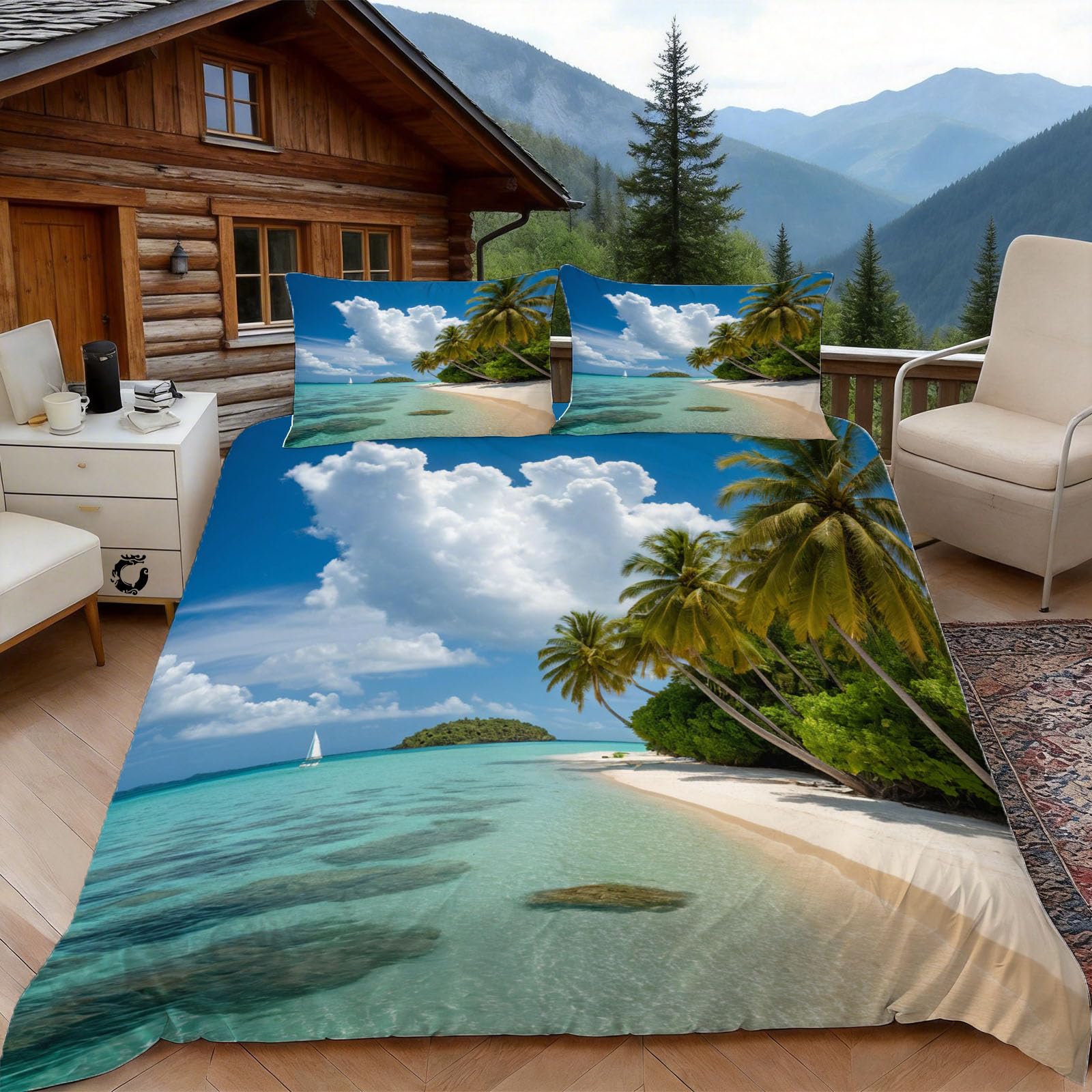 3D Single Duvet Cover Set 3D Printed Beach Themed Bedding, Sea View Soft Microfibre Duvet Cover Sets Quilt Cover and Pillow Set with Zipper 3 Pcs