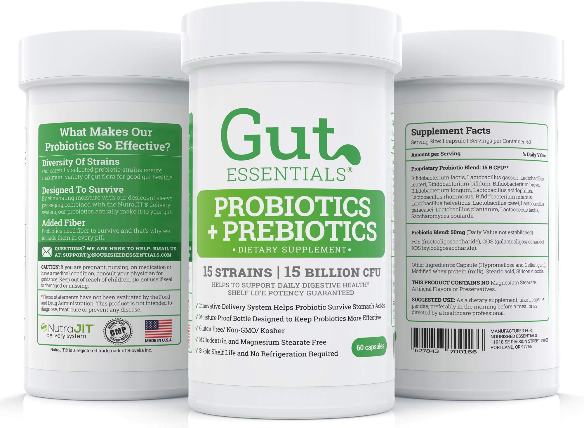 Gut Essentials – The Happy Gut Daily Raw Probiotic and Prebiotic for Women and Men – The Ultimate Supplement for Gut Flora Restoration – 15 Different Strains – Sixty Day Supply