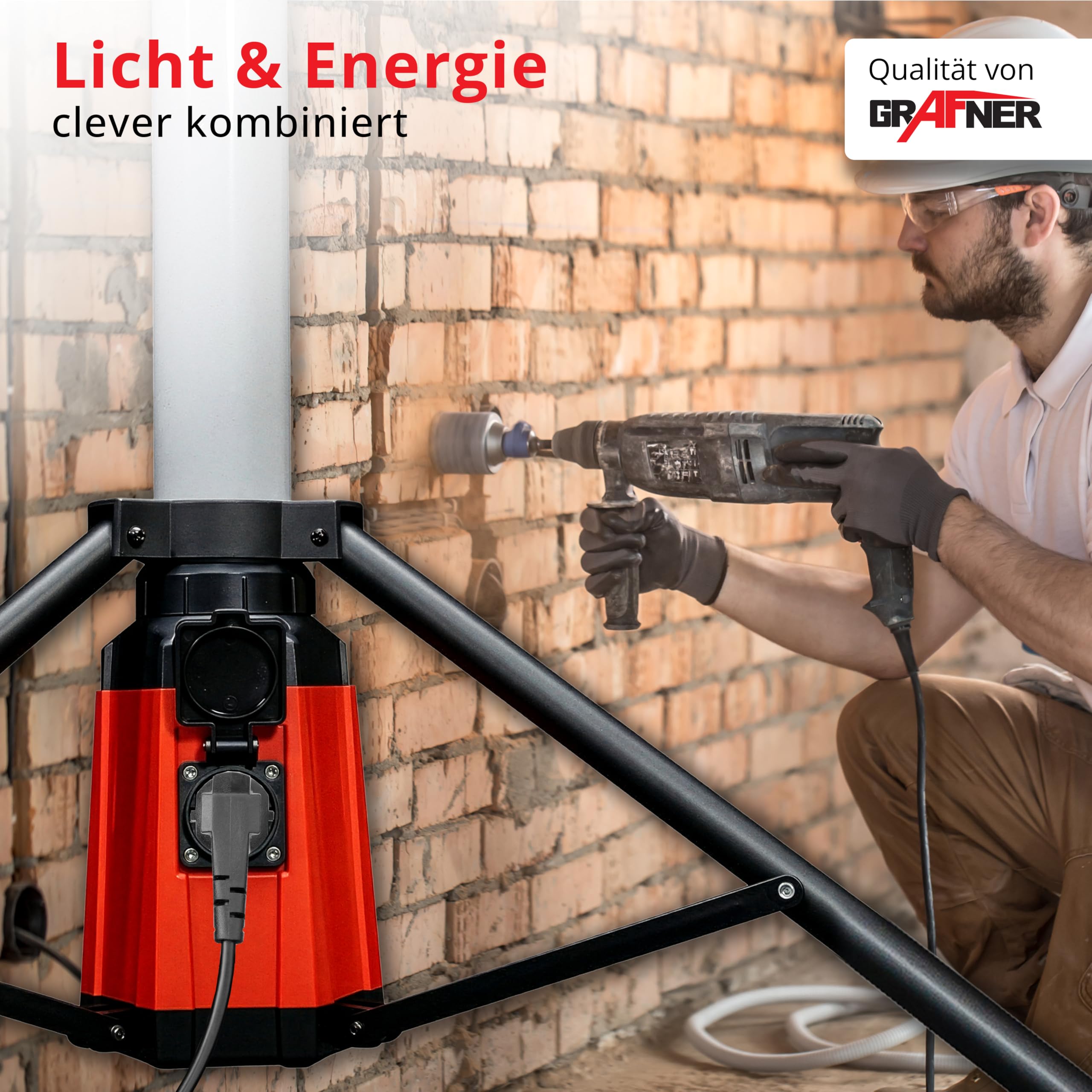 Grafner Profi LED Tower Baustrahler mit Steckdose und Stativ, 360° 7500 Lumen, 100 Watt, Höhe: 150 cm, IP44, 6500K Tageslichtweiß, Arbeitsleuchte Baustellenstrahler 360 Grad rundum Arbeitslampe Turm