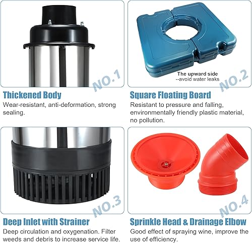 Miniatura 2 de Goldlife Aireador de fuente de estanque, F2-2 1HP 750W 110V Fuente flotante de acero inoxidable con cable de alimentación de 100 pies, bomba de