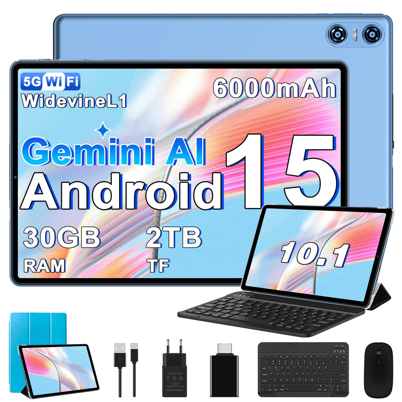 2026 Dernier Tablette 10 Pouces Android 15 avec Gemini AI, 30GO RAM (2TO TF), Octa-Core, 5G WiFi 6, Widevine L1, GMS, GPS, BT 5.0, 6000mAh, 5MP+8MP, Tablette avec Clavier+Souris et Cas - Bleu