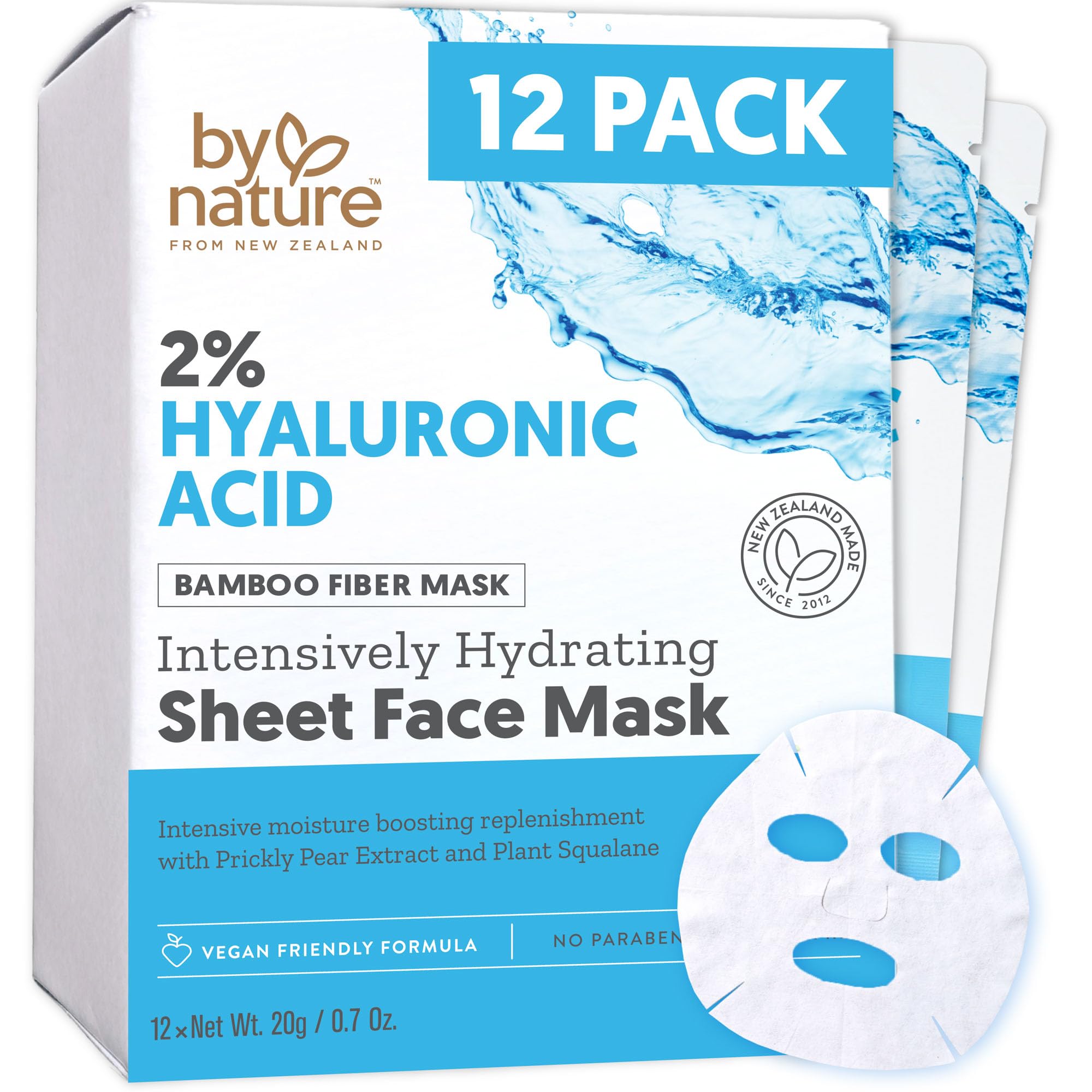 By Nature 2% Hyaluronic Acid Sheet Face Mask for Dry, Dehydrated & Sensitive Skin – Hydration Boost with Prickly Pear & Squalane – Made in New Zealand – Pack of 12